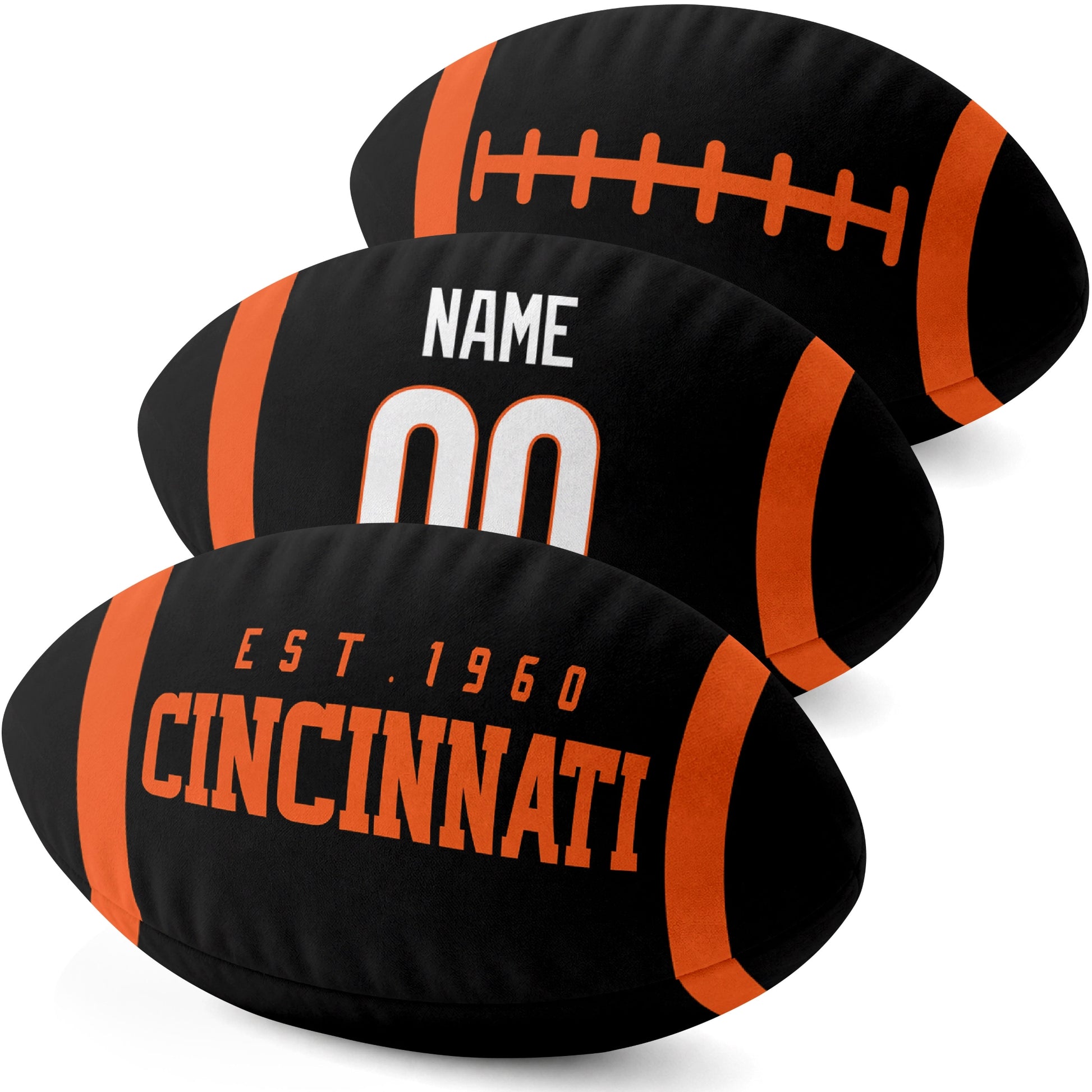 Cincinnati personalized football shaped pillow three color angle display with city side custom name number side and lace detail