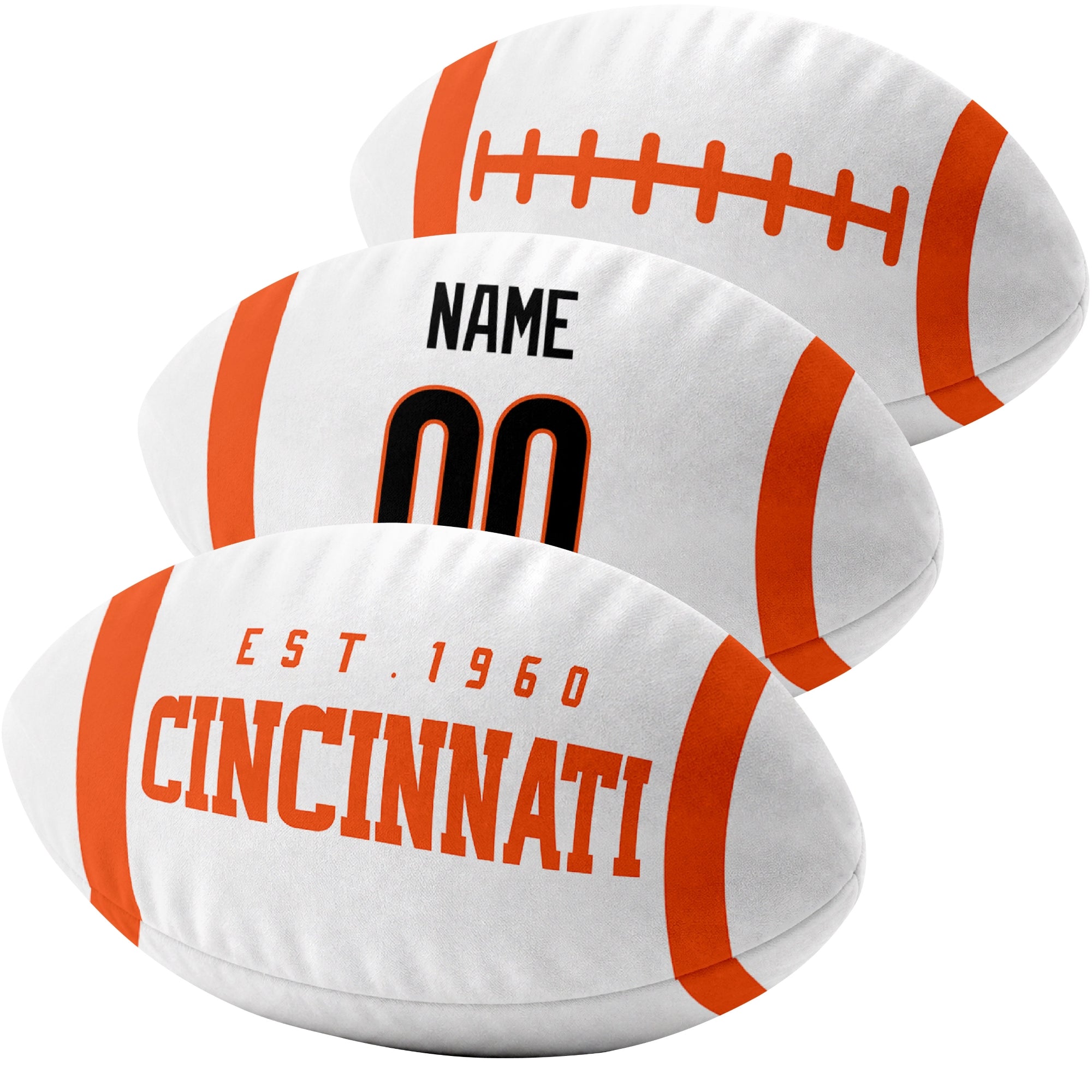 Cincinnati custom football pillow multi angle comparison in Black, White and Orange