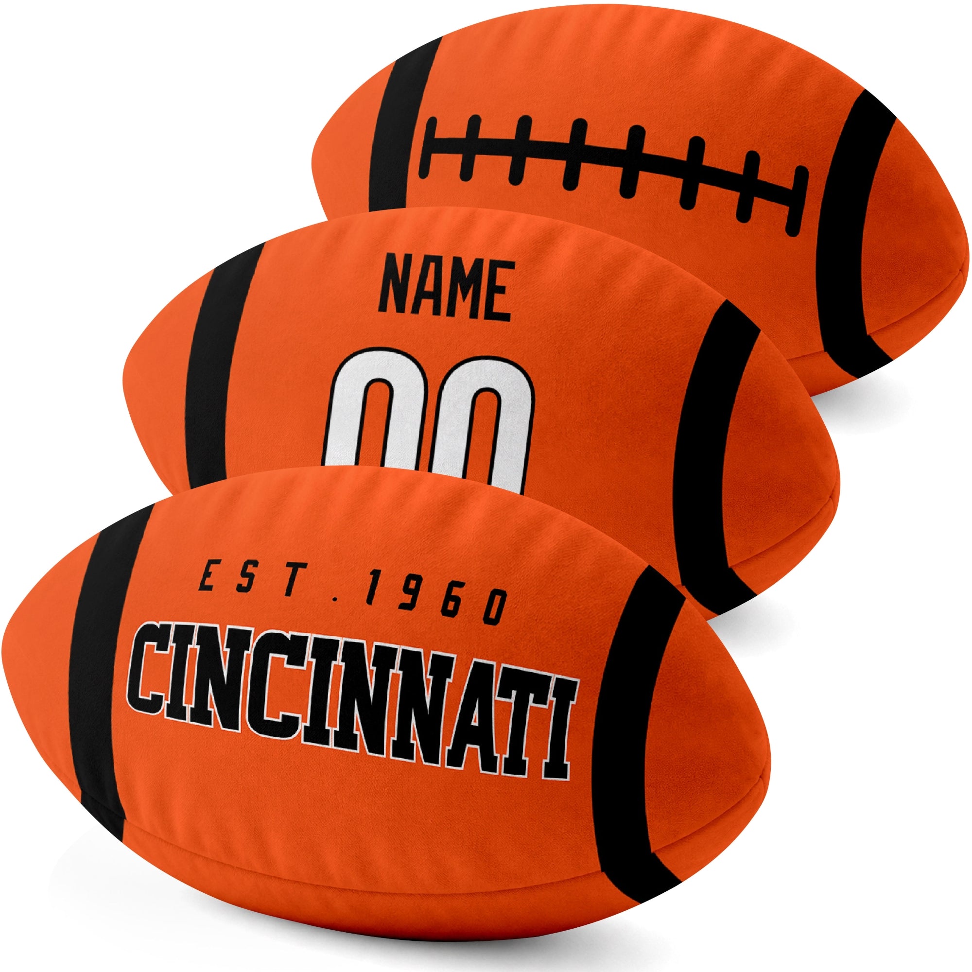Cincinnati personalized football pillow three color display highlighting the oval shape and contrasting end stripes