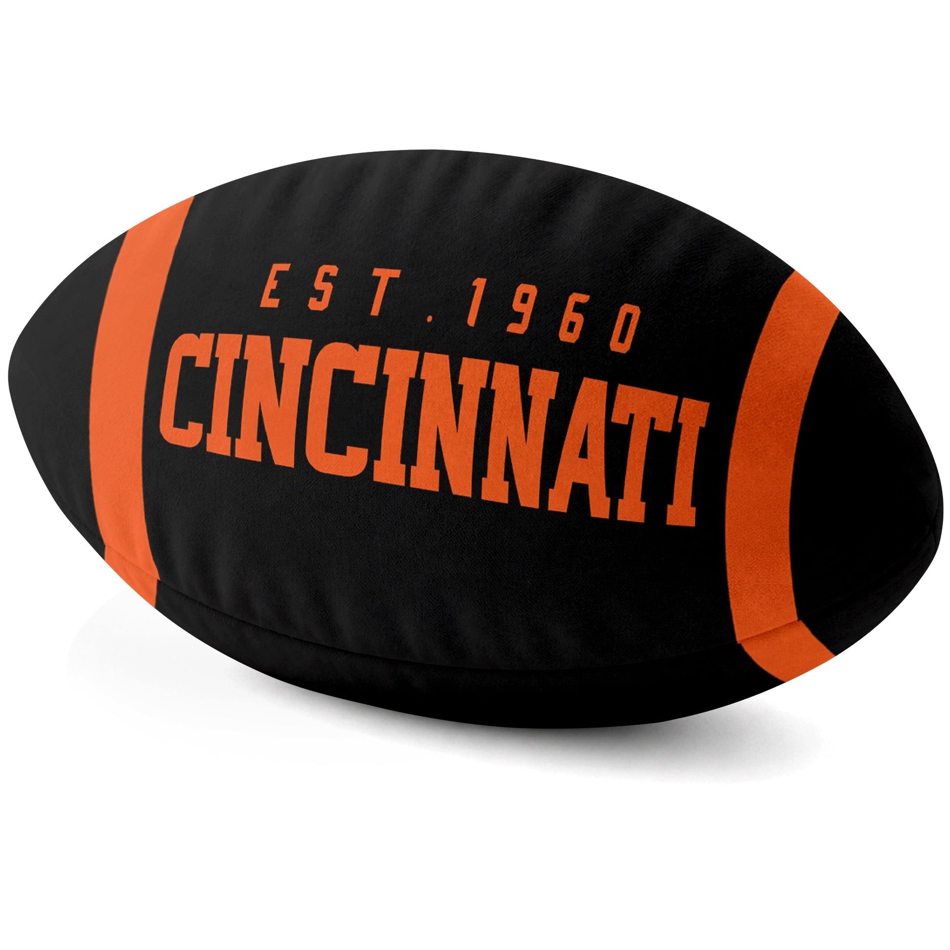Cincinnati Black football shaped pillow city lettering side view
