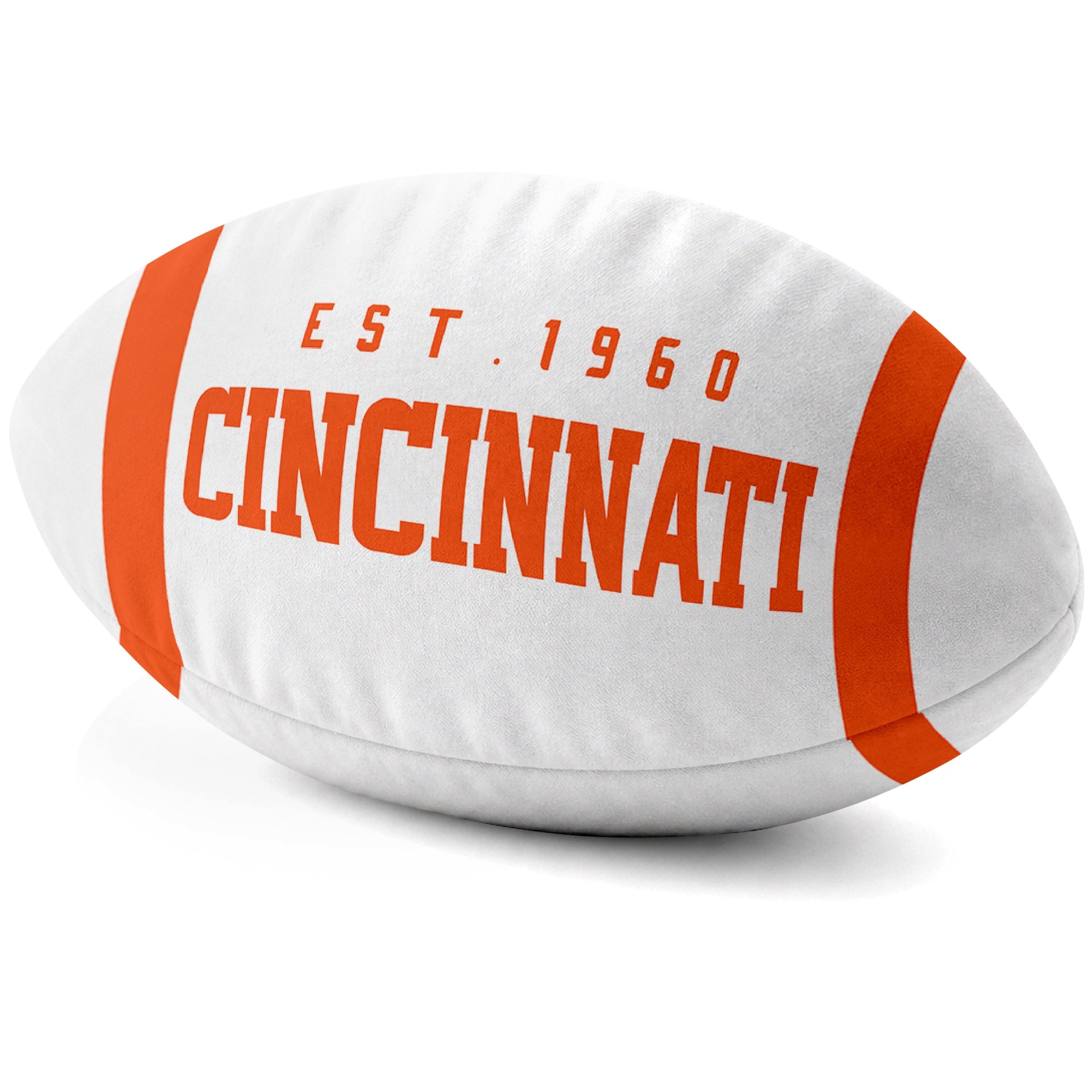 Cincinnati White football shaped pillow city lettering side view