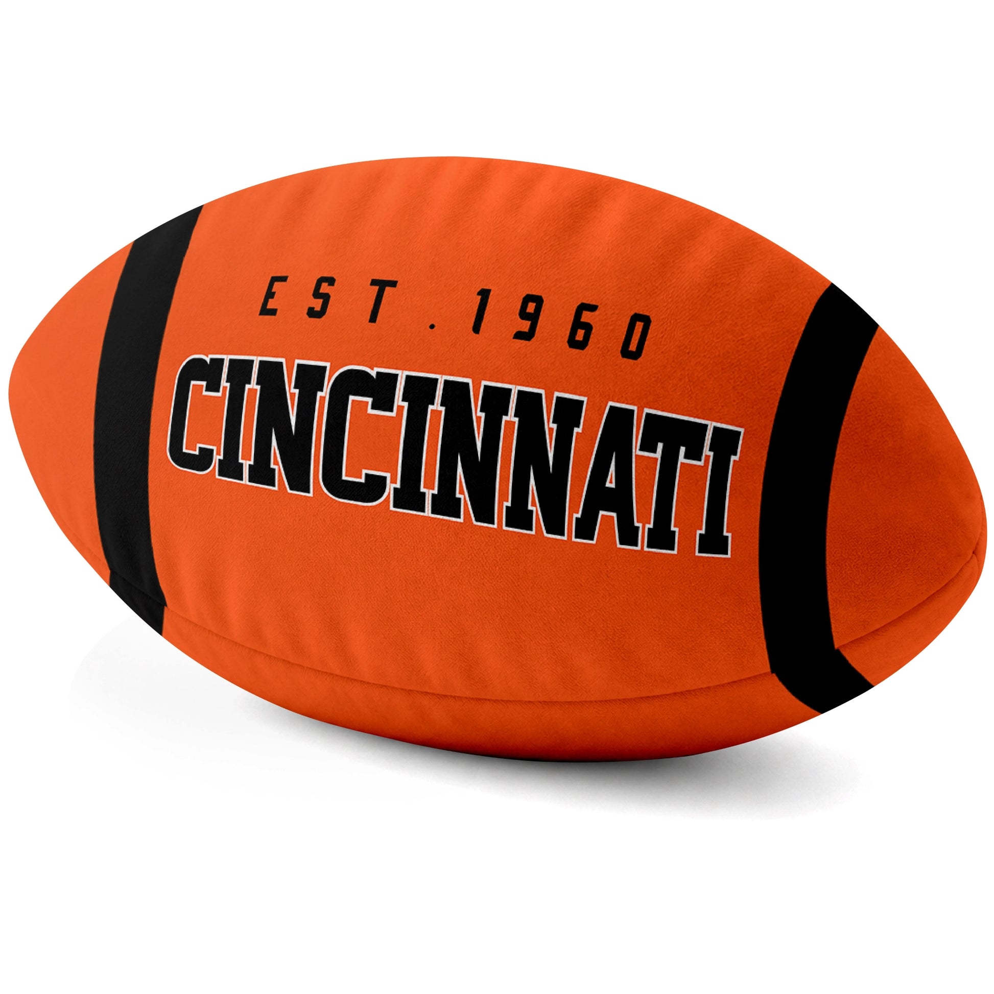 Cincinnati Orange football shaped pillow city lettering side view
