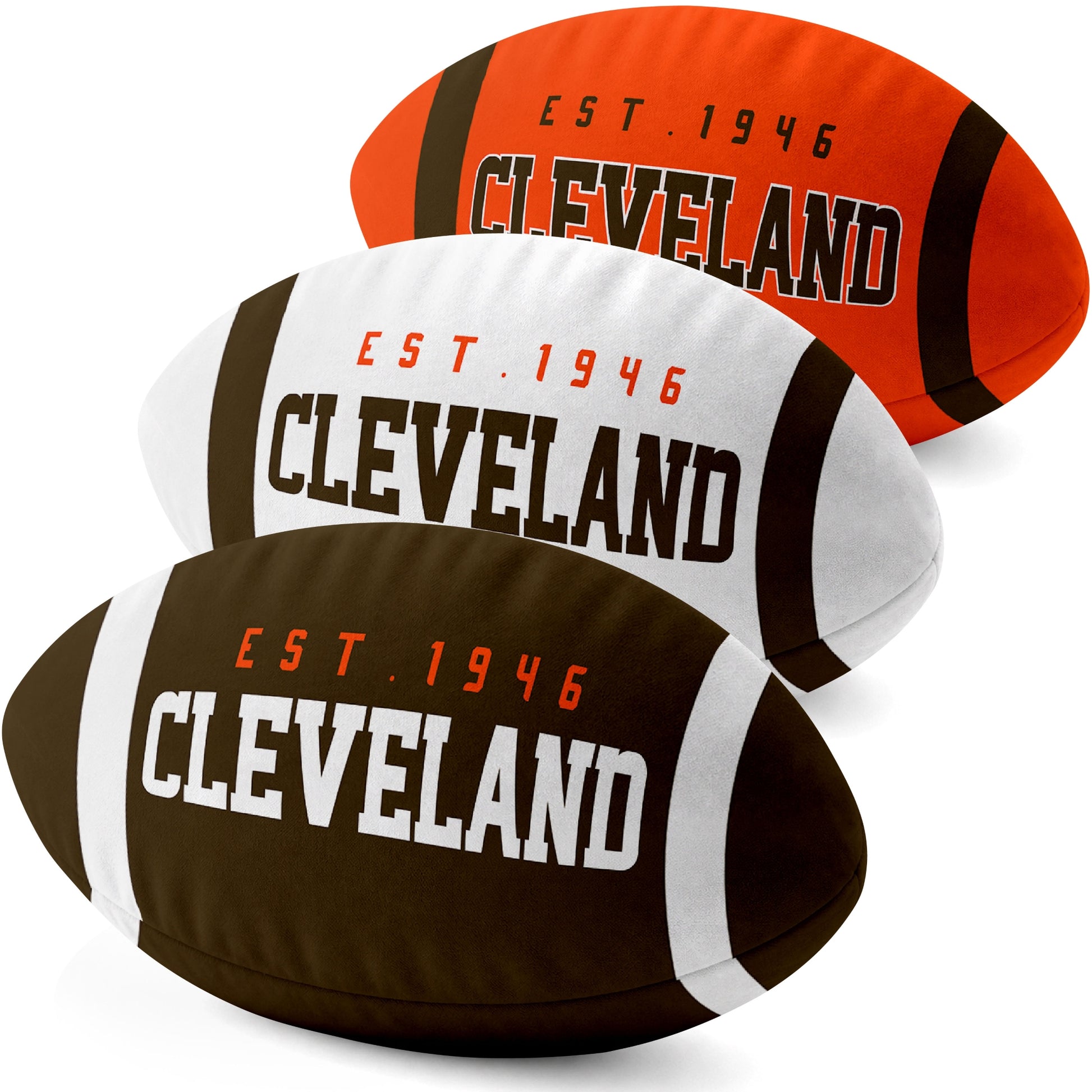 Cleveland personalized football shaped pillow collection in Brown, White and Orange with city lettering