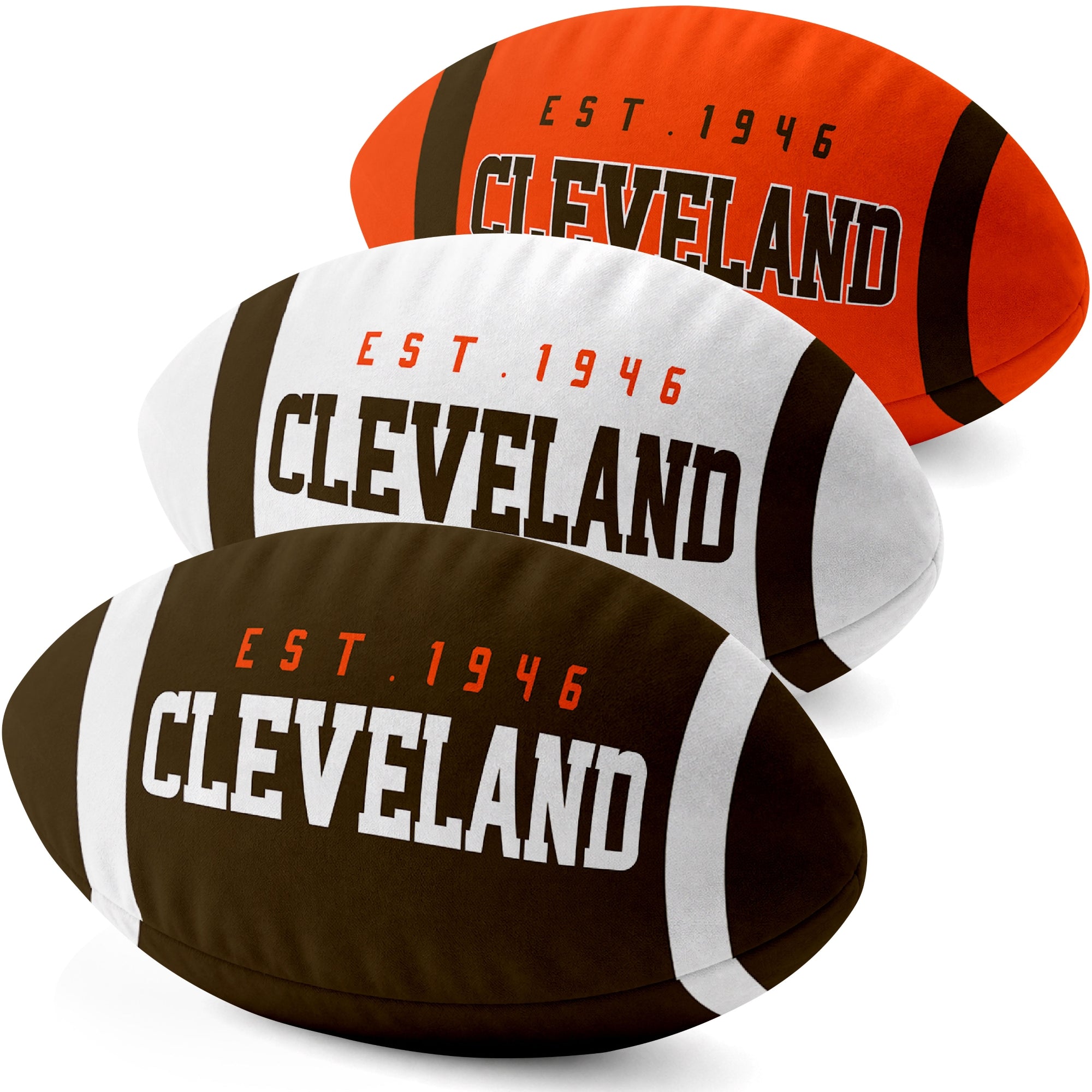 Cleveland personalized football shaped pillow collection in Brown, White and Orange with city lettering