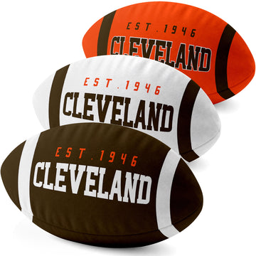 Cleveland personalized football shaped pillow collection in Brown, White and Orange with city lettering
