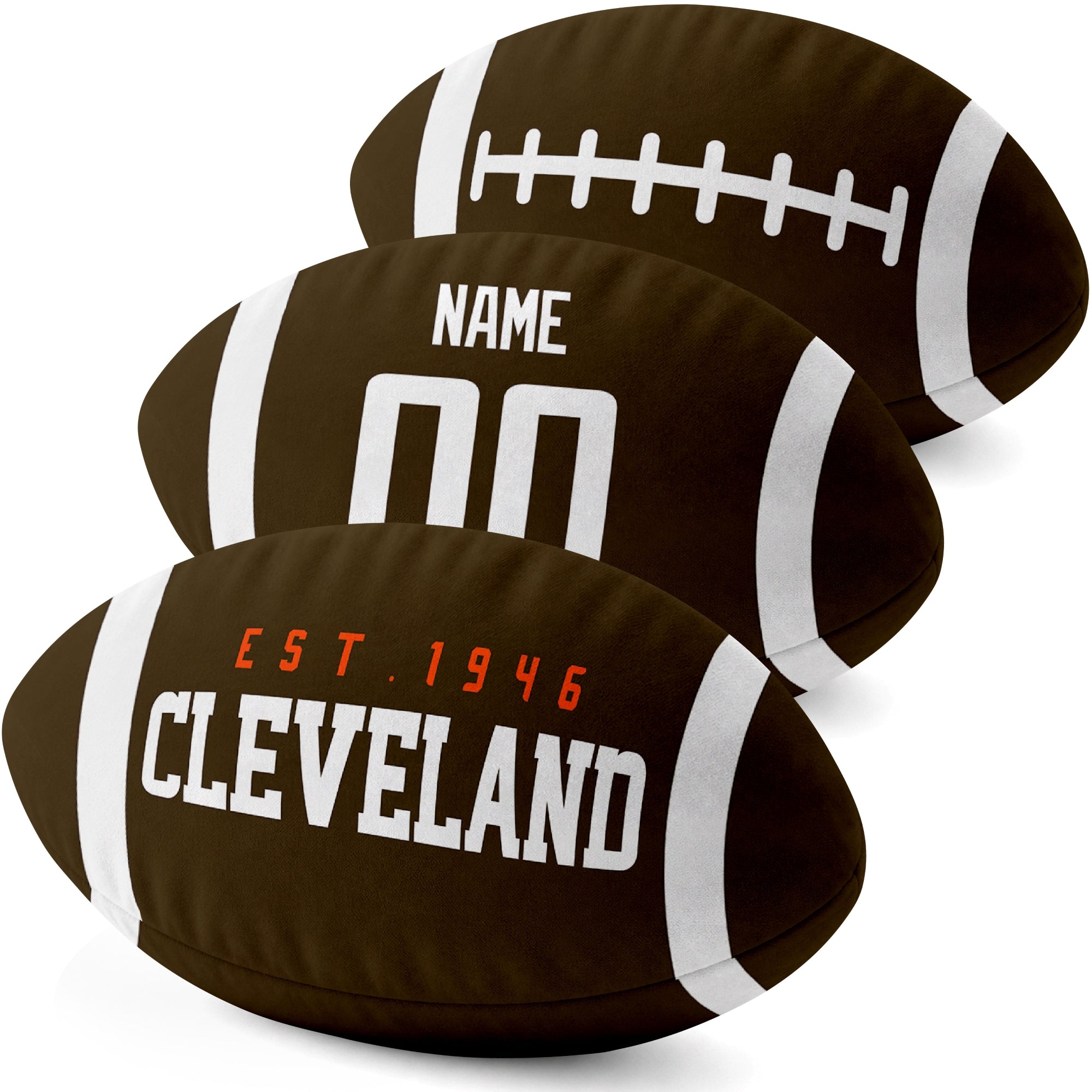 Cleveland personalized football shaped pillow three color angle display with city side custom name number side and lace detail