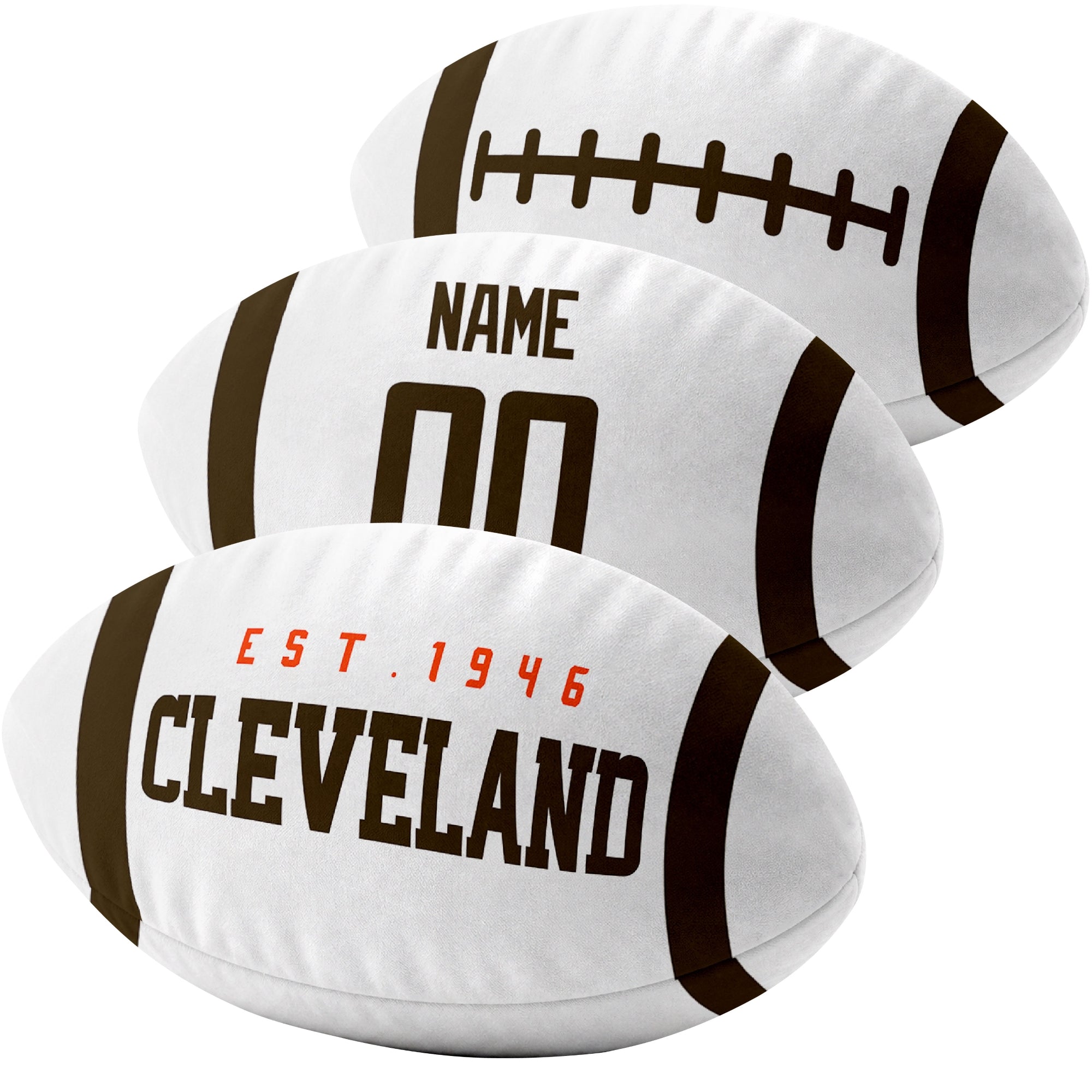 Cleveland custom football pillow multi angle comparison in Brown, White and Orange