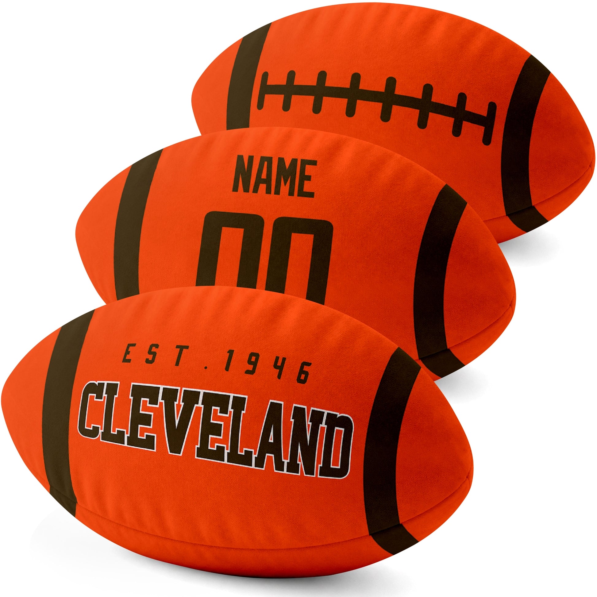 Cleveland personalized football pillow three color display highlighting the oval shape and contrasting end stripes