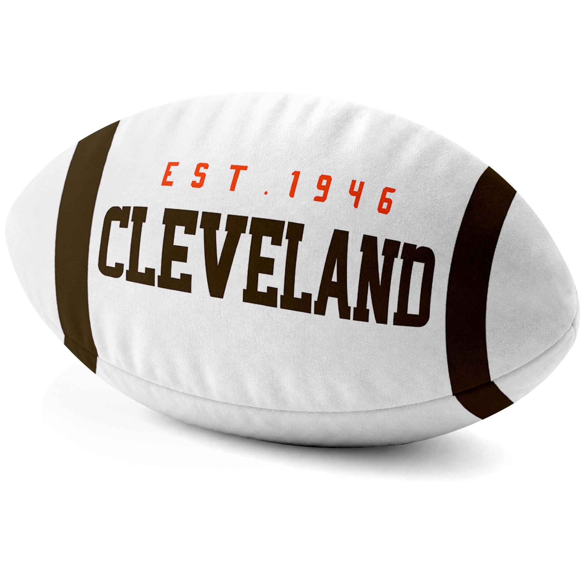 Cleveland White football shaped pillow city lettering side view
