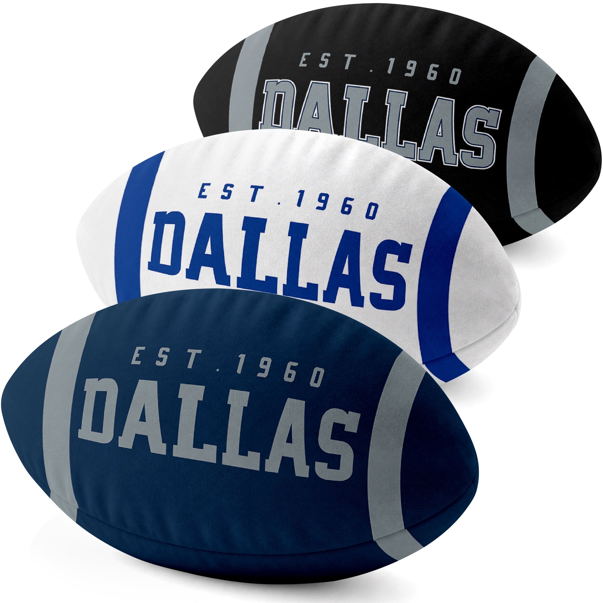 Dallas personalized football shaped pillow collection in Navy, White and Black with city lettering