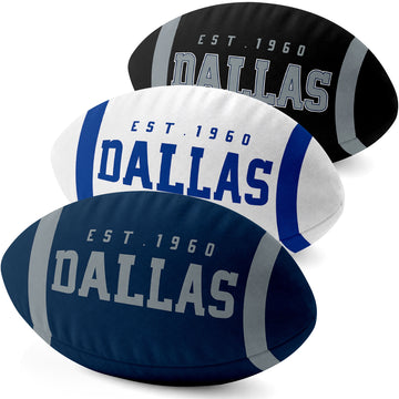 Dallas personalized football shaped pillow collection in Navy, White and Black with city lettering