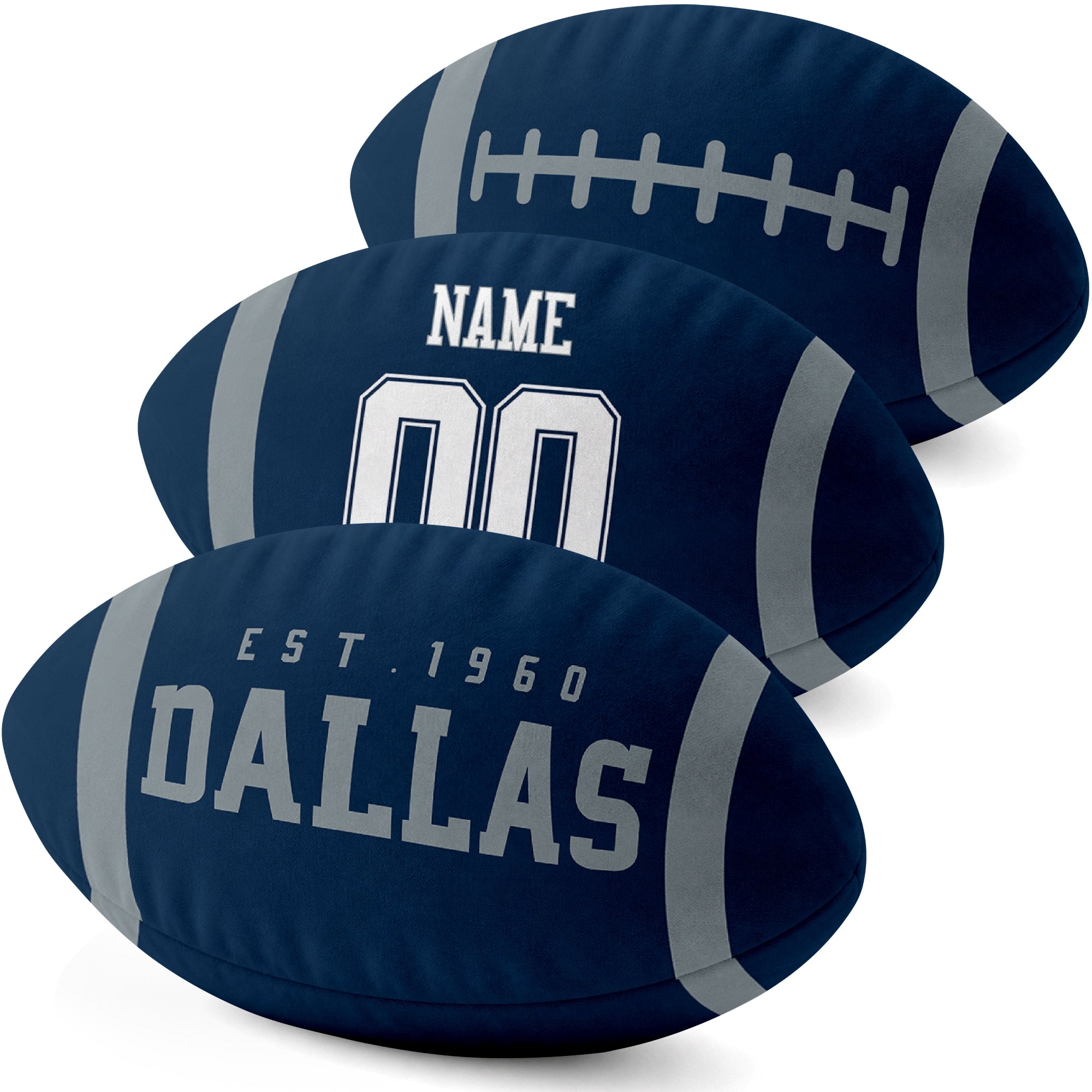 Dallas personalized football shaped pillow three color angle display with city side custom name number side and lace detail
