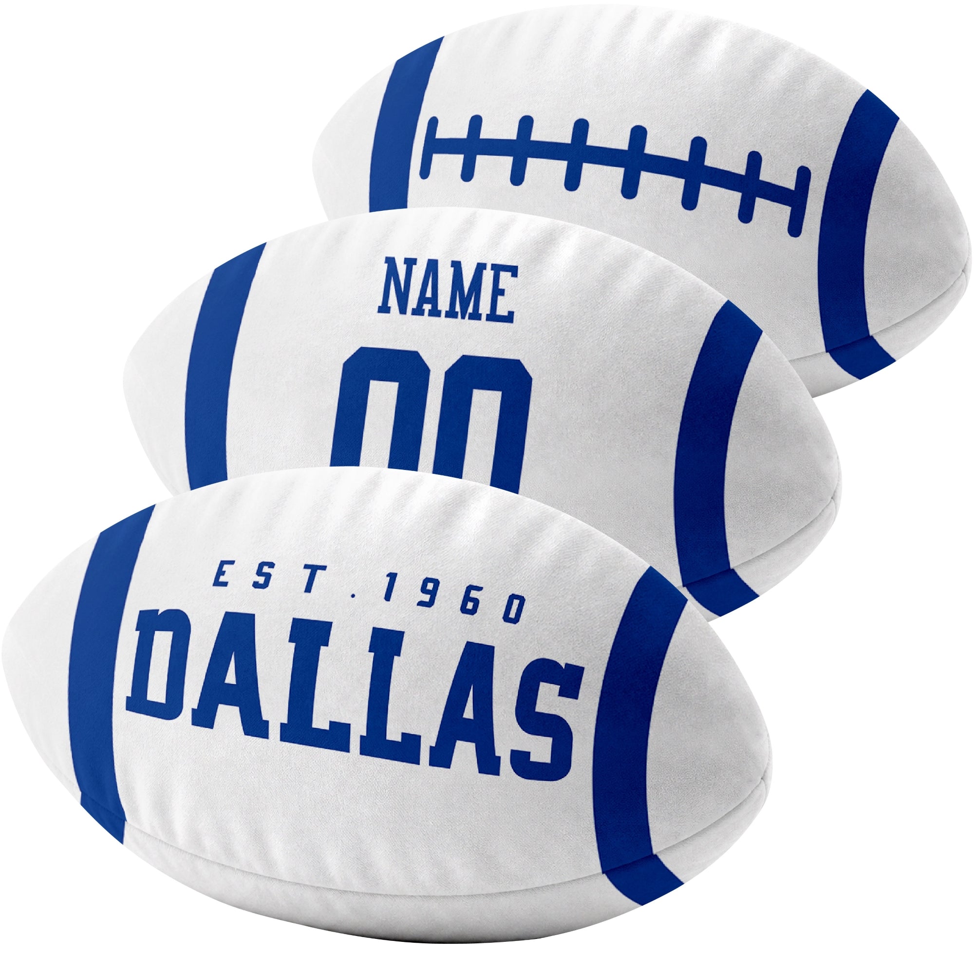 Dallas custom football pillow multi angle comparison in Navy, White and Black