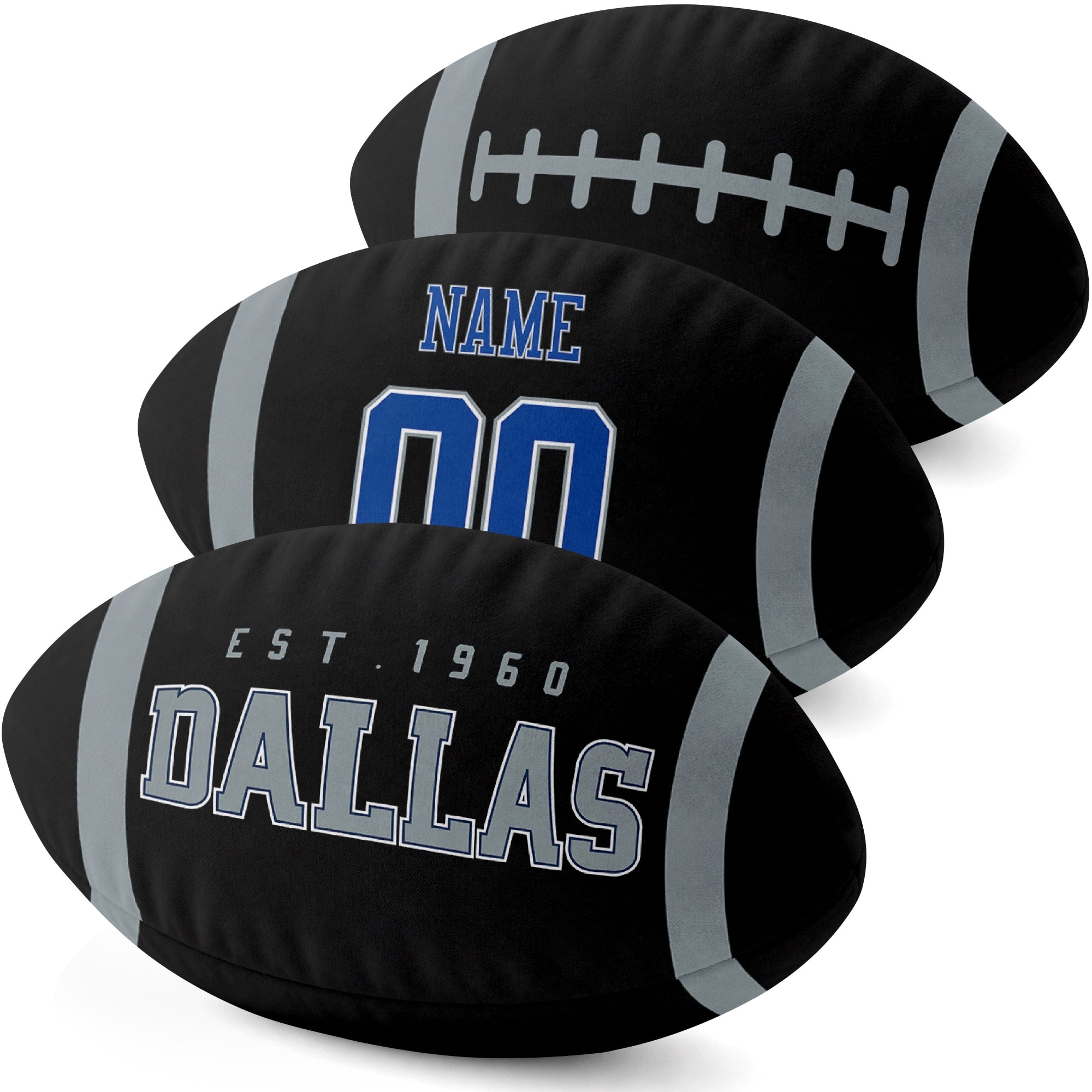 Dallas personalized football pillow three color display highlighting the oval shape and contrasting end stripes