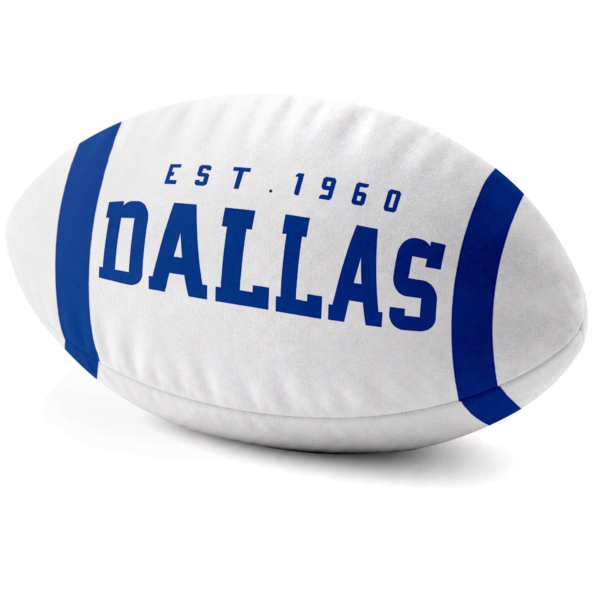 Dallas White football shaped pillow city lettering side view