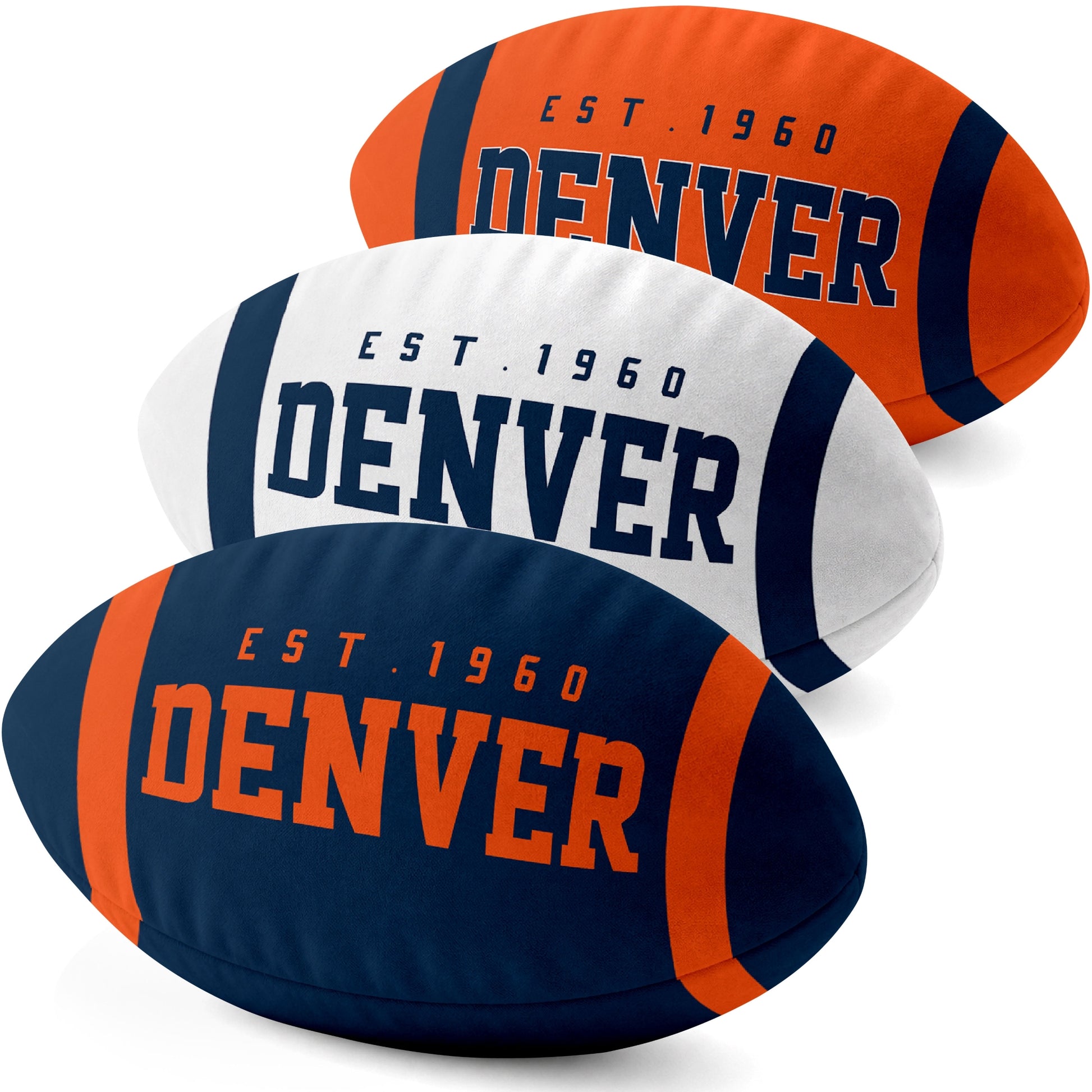 Denver personalized football shaped pillow collection in Navy, White and Orange with city lettering