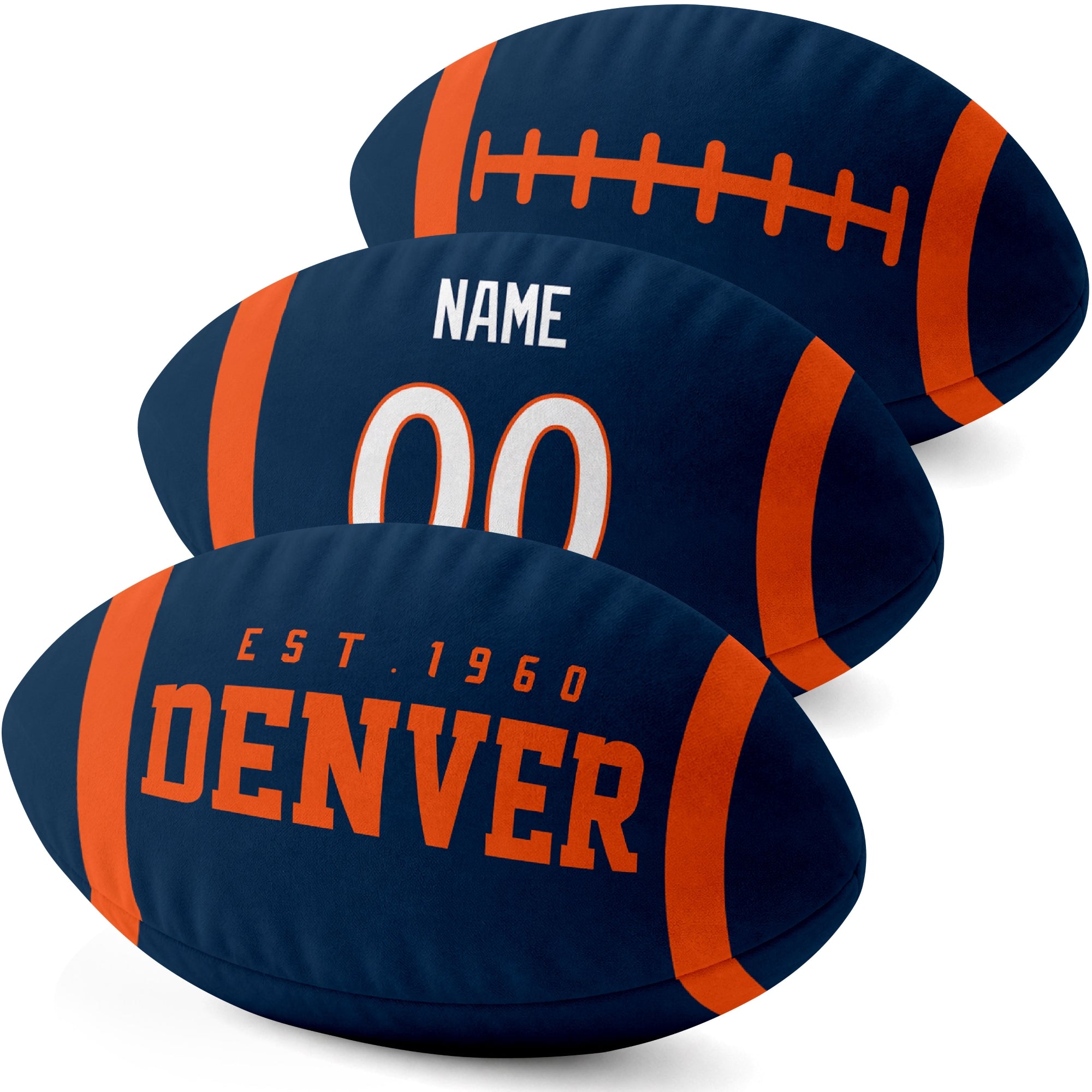 Denver personalized football shaped pillow three color angle display with city side custom name number side and lace detail