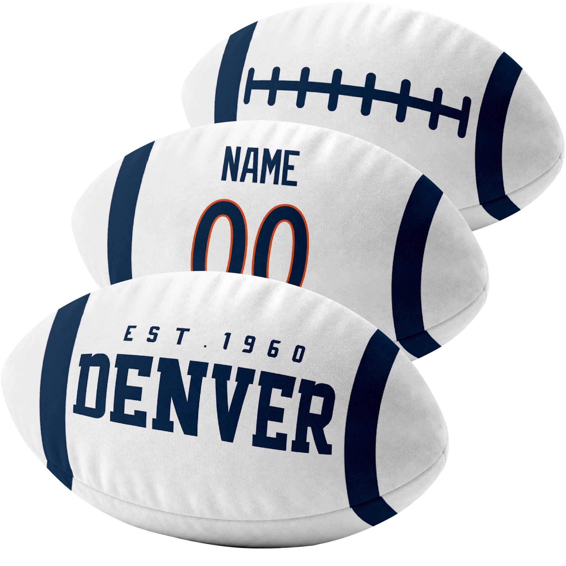 Denver custom football pillow multi angle comparison in Navy, White and Orange