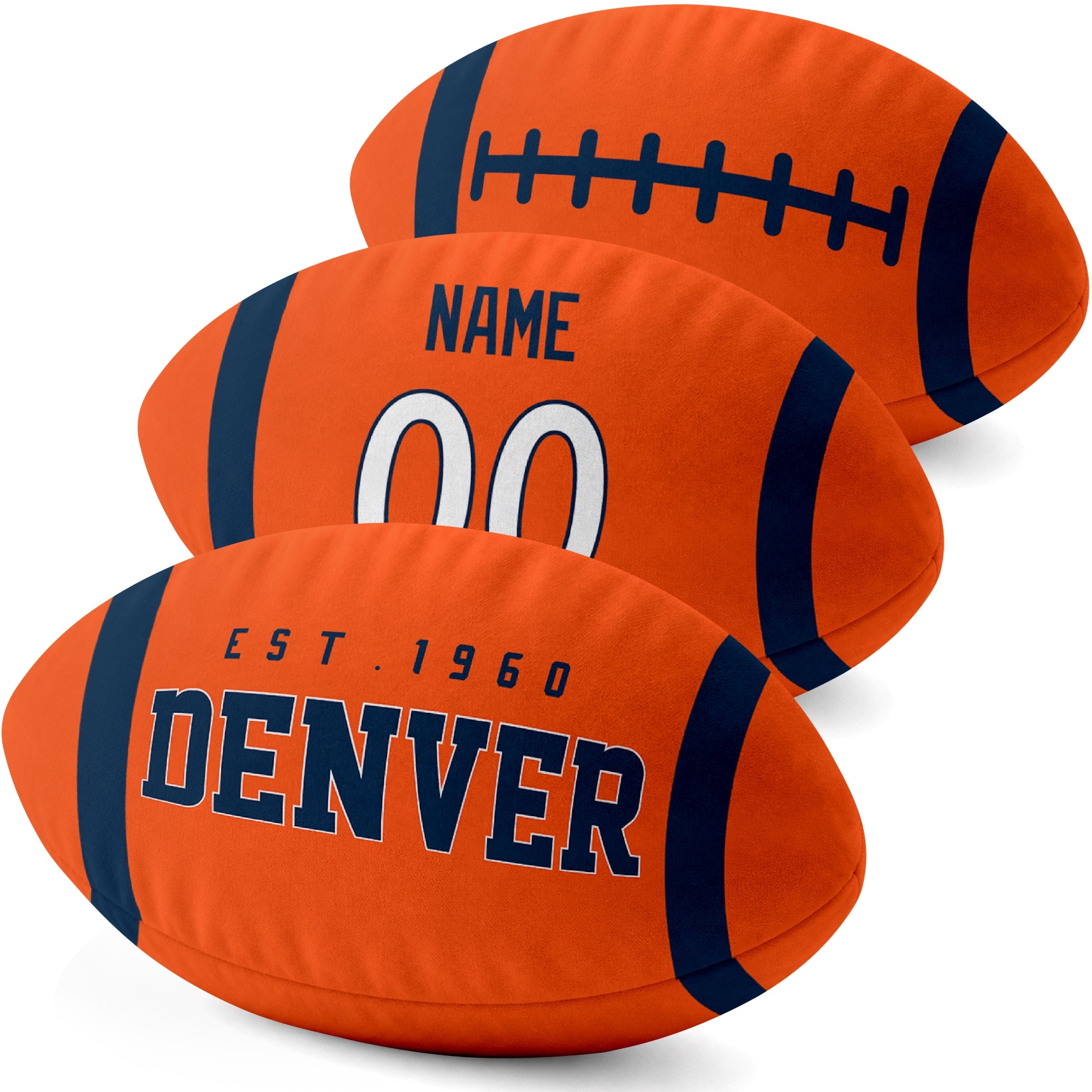 Denver personalized football pillow three color display highlighting the oval shape and contrasting end stripes