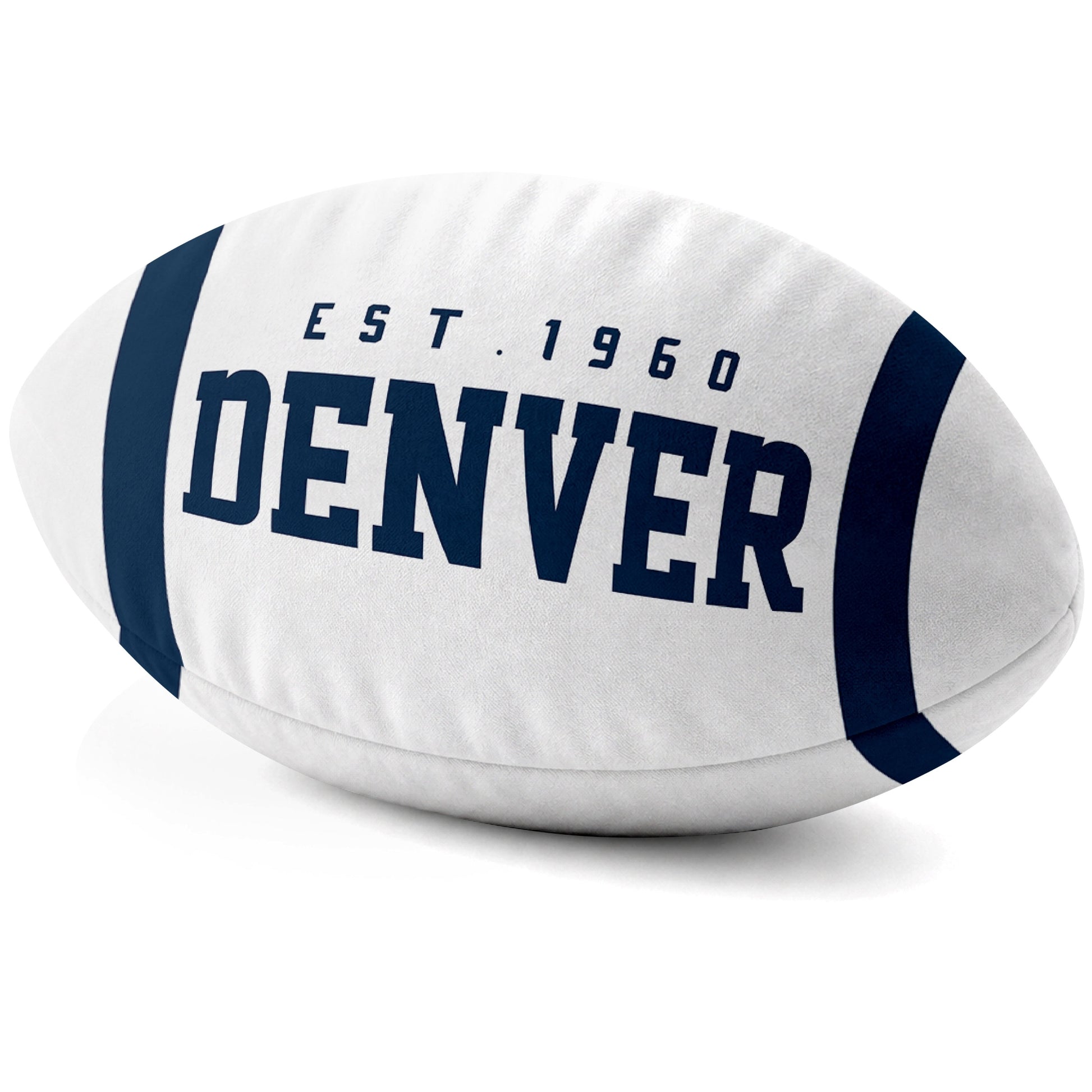 Denver White football shaped pillow city lettering side view