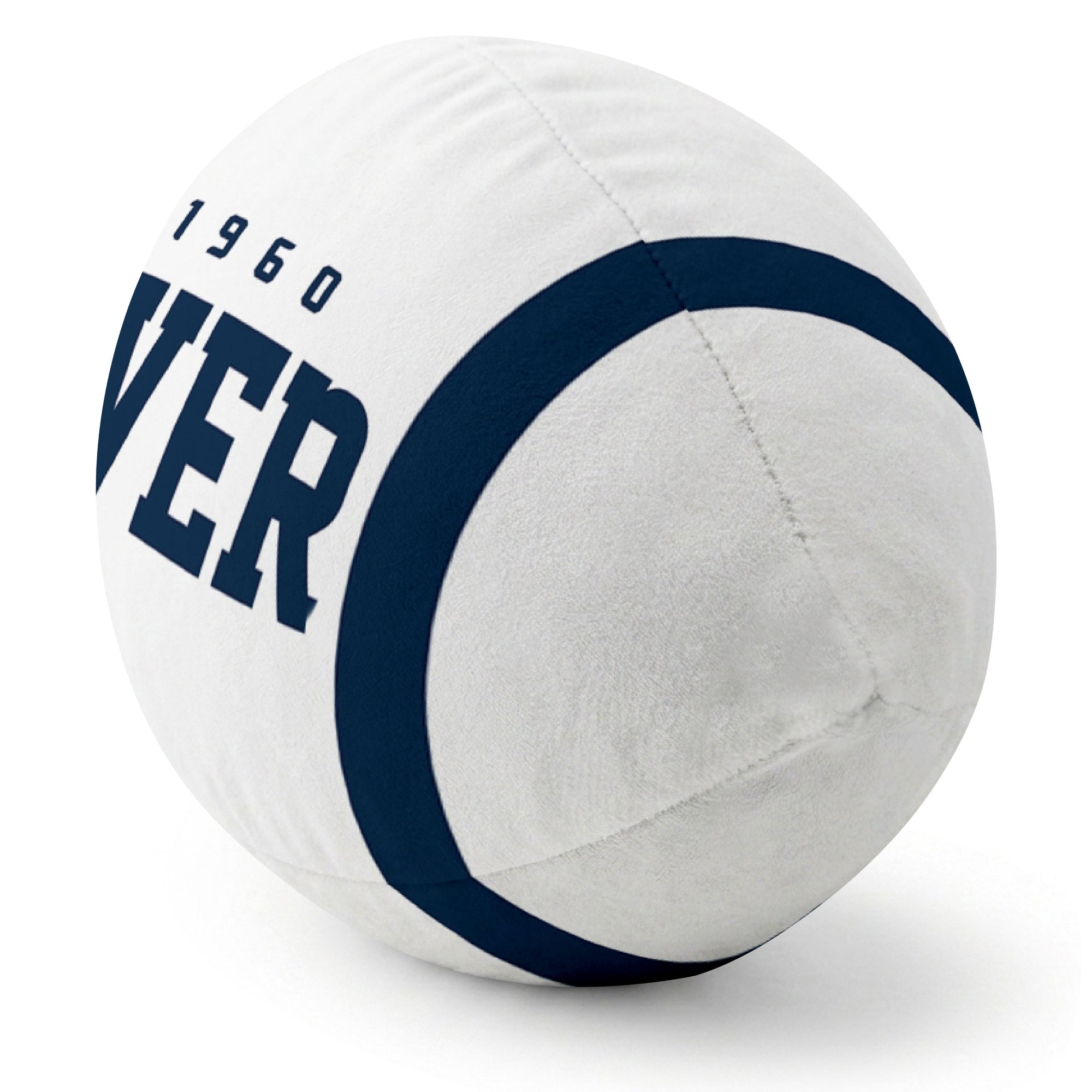 Denver White football pillow rounded end and seam angle view