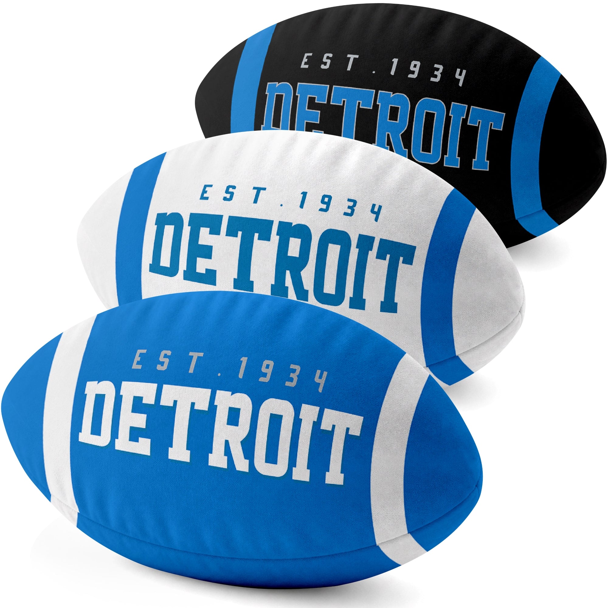 Detroit personalized football shaped pillow collection in Blue, White and Black with city lettering