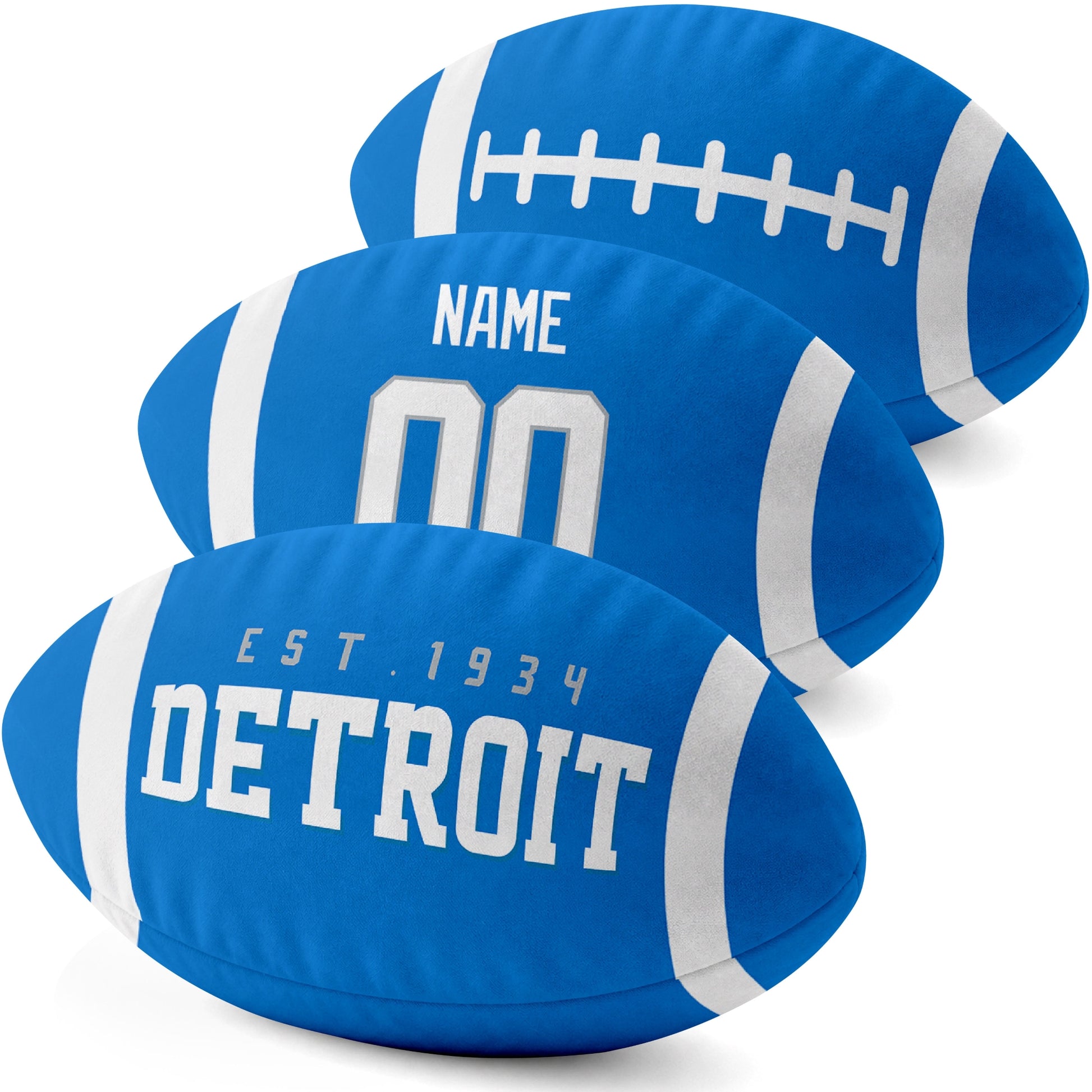 Detroit personalized football shaped pillow three color angle display with city side custom name number side and lace detail
