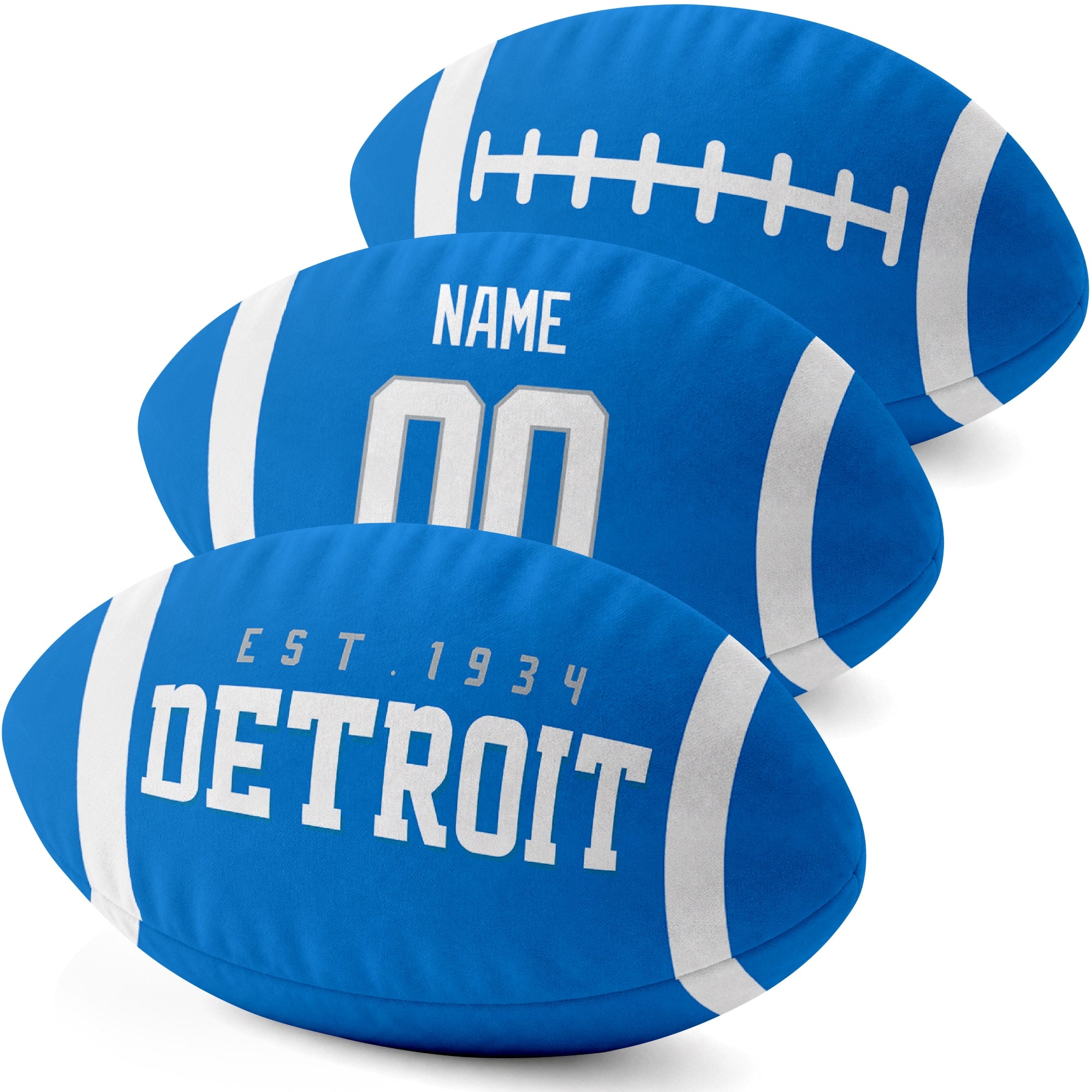 Detroit personalized football shaped pillow three color angle display with city side custom name number side and lace detail