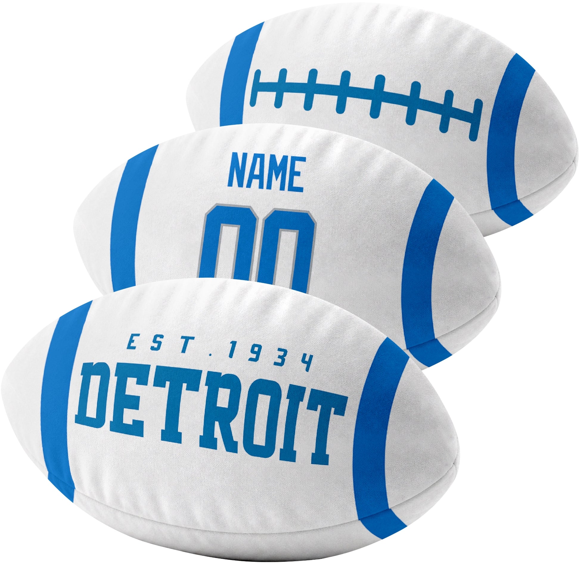 Detroit custom football pillow multi angle comparison in Blue, White and Black