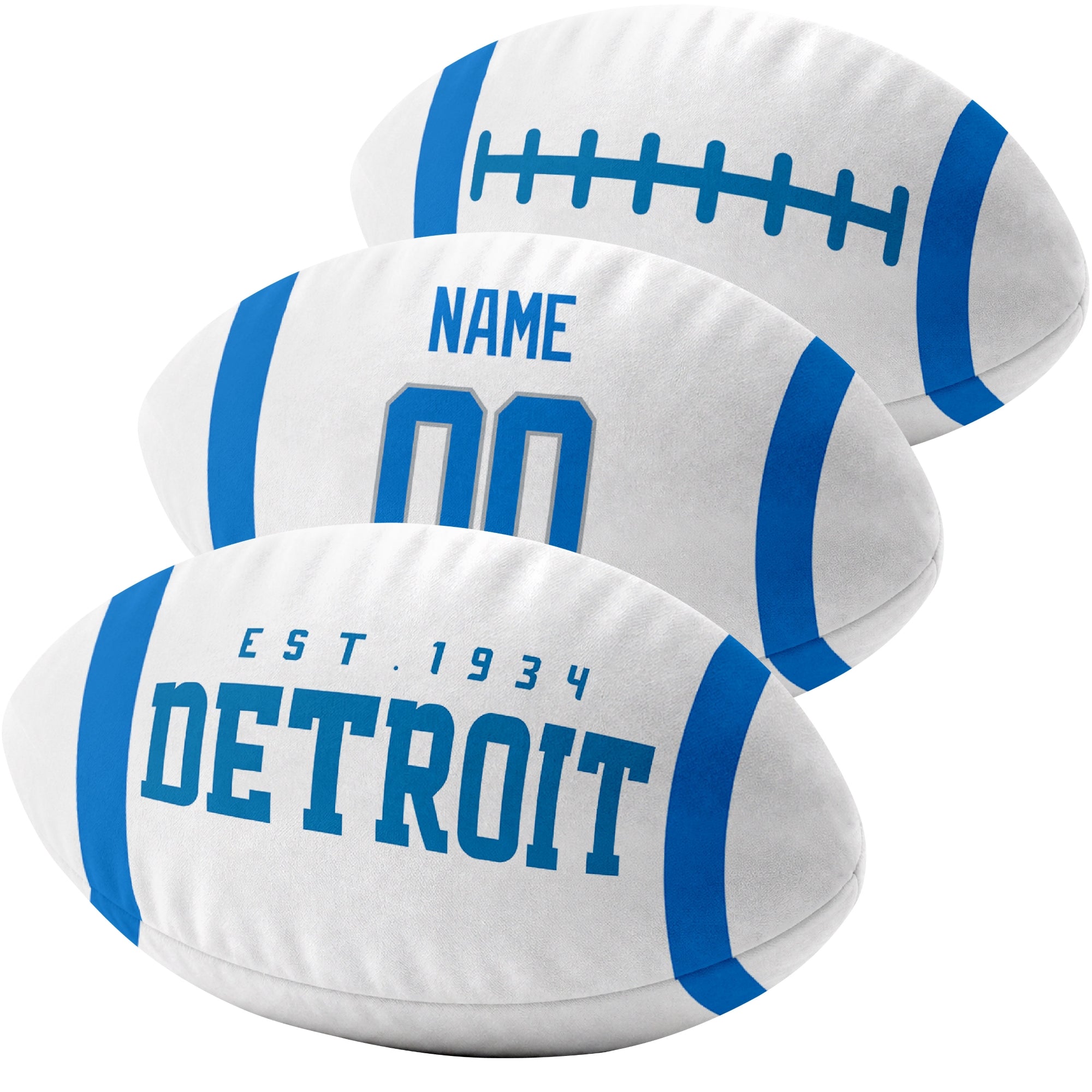 Detroit custom football pillow multi angle comparison in Blue, White and Black