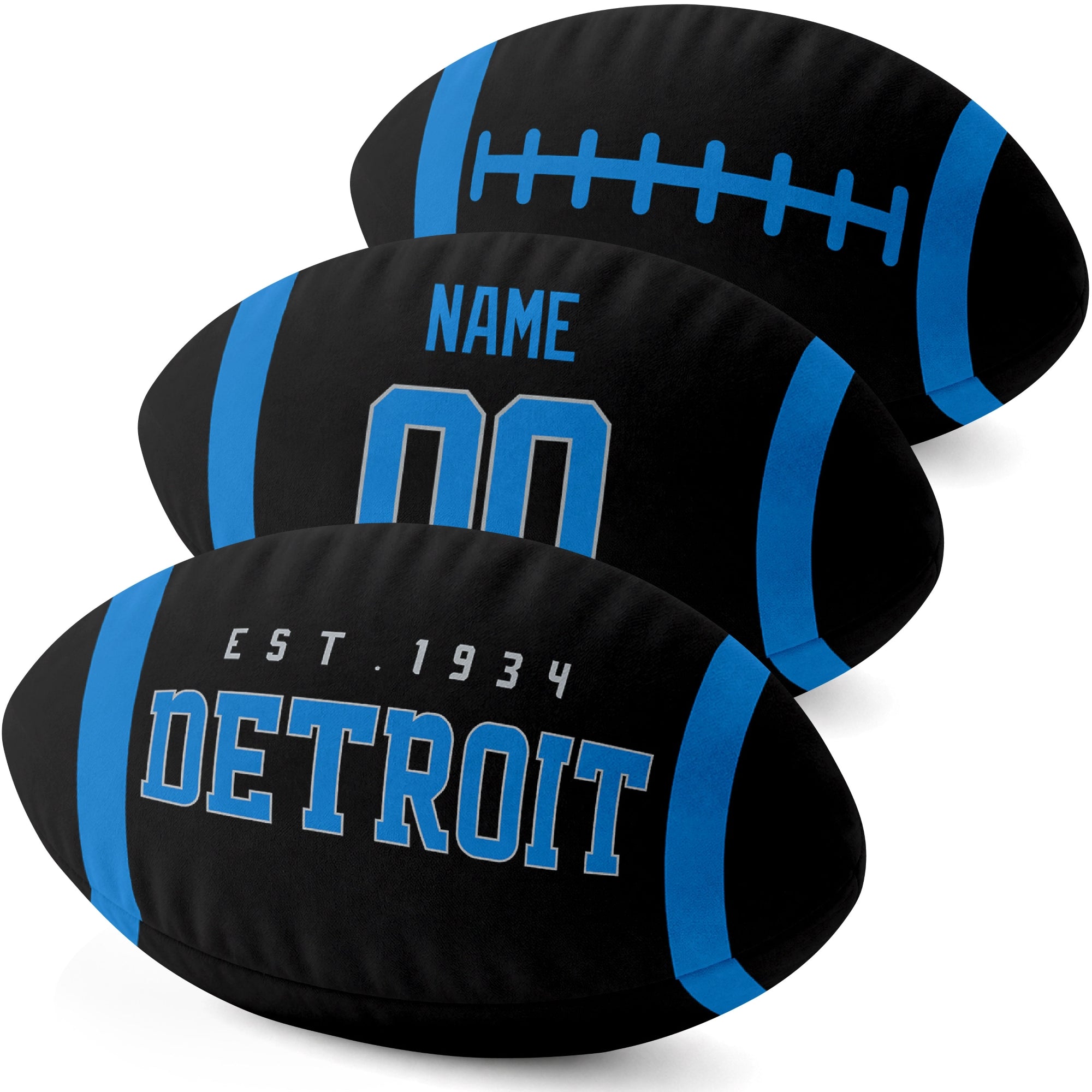 Detroit personalized football pillow three color display highlighting the oval shape and contrasting end stripes