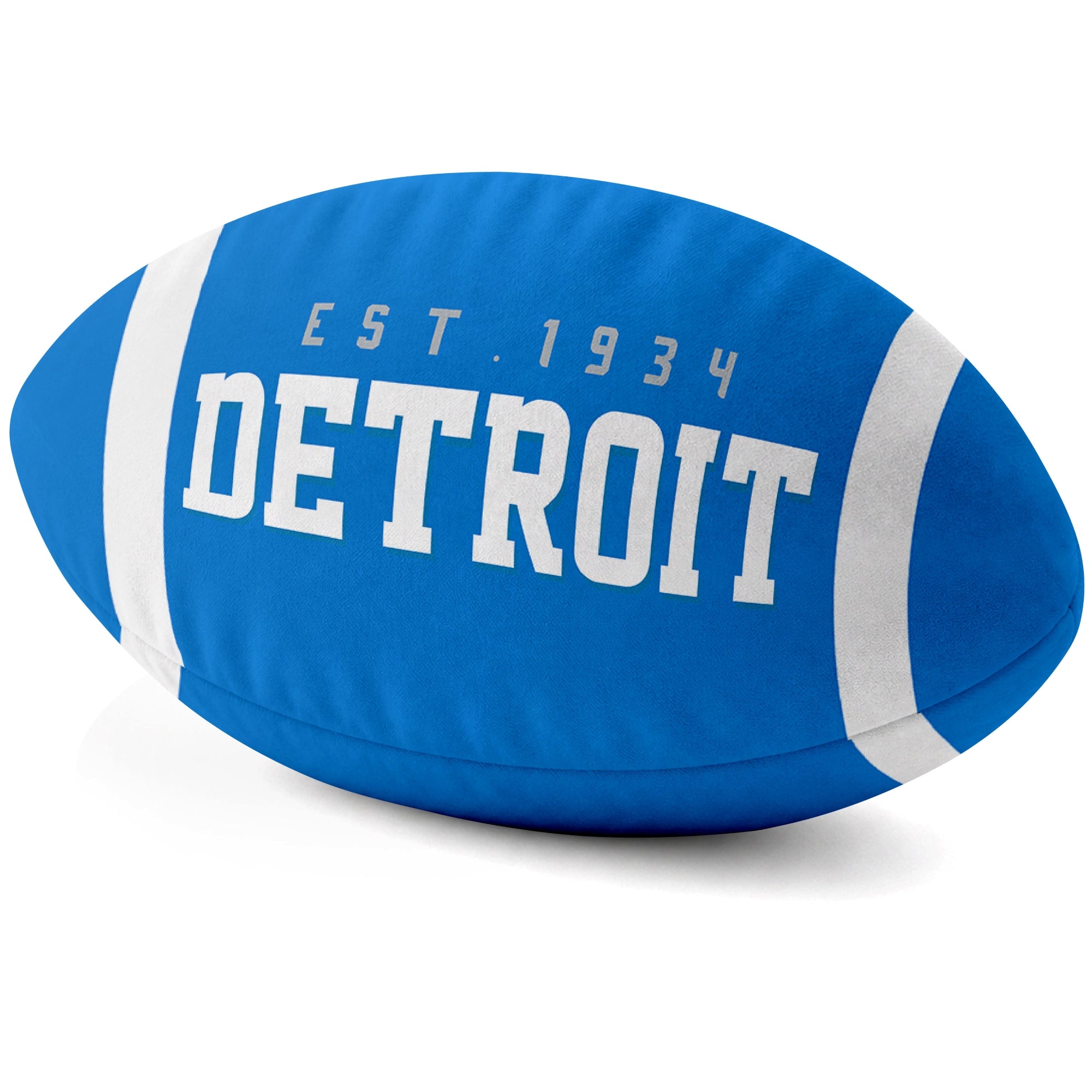 Detroit Blue football shaped pillow city lettering side view