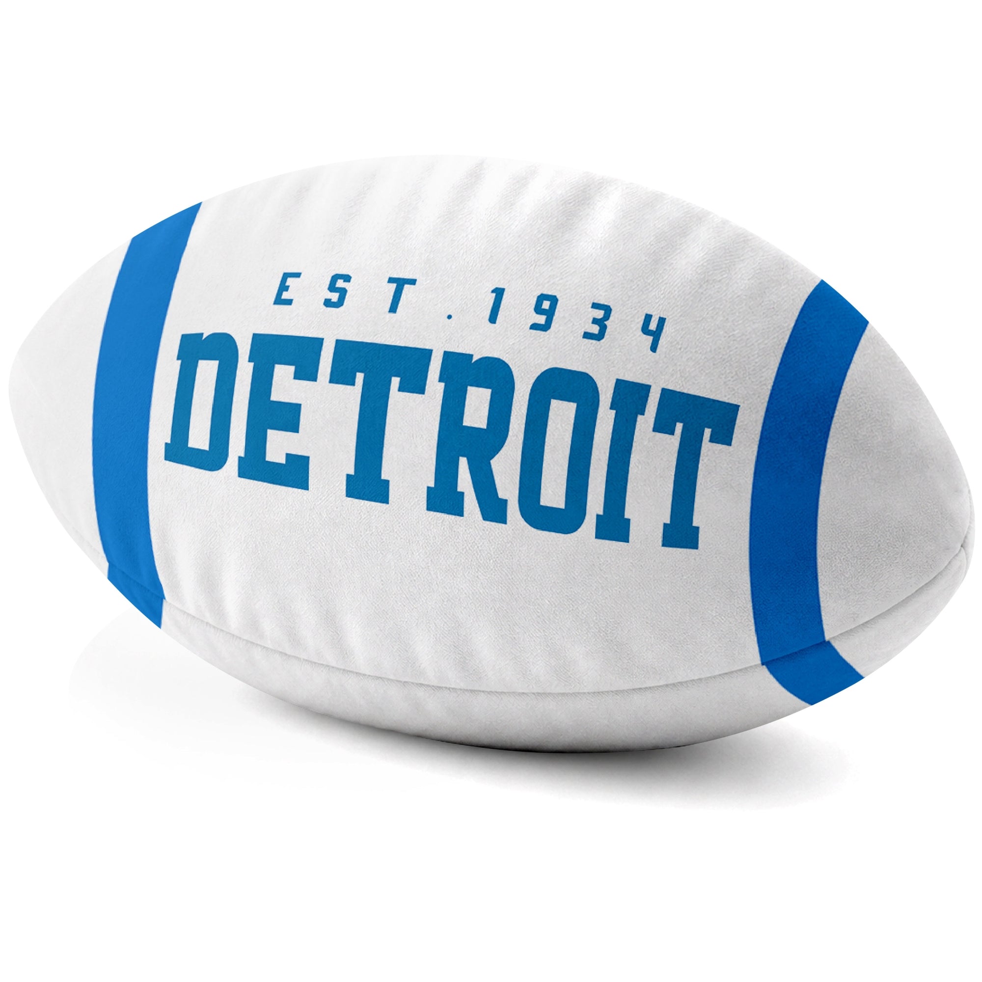 Detroit White football shaped pillow city lettering side view