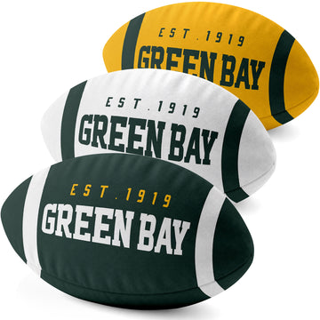 Green Bay personalized football shaped pillow collection in Green, White and Gold with city lettering