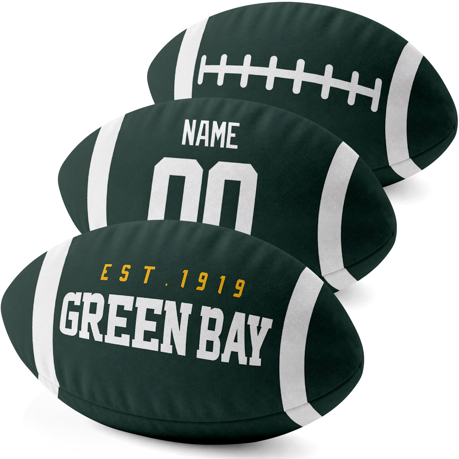 Green Bay personalized football shaped pillow three color angle display with city side custom name number side and lace detail
