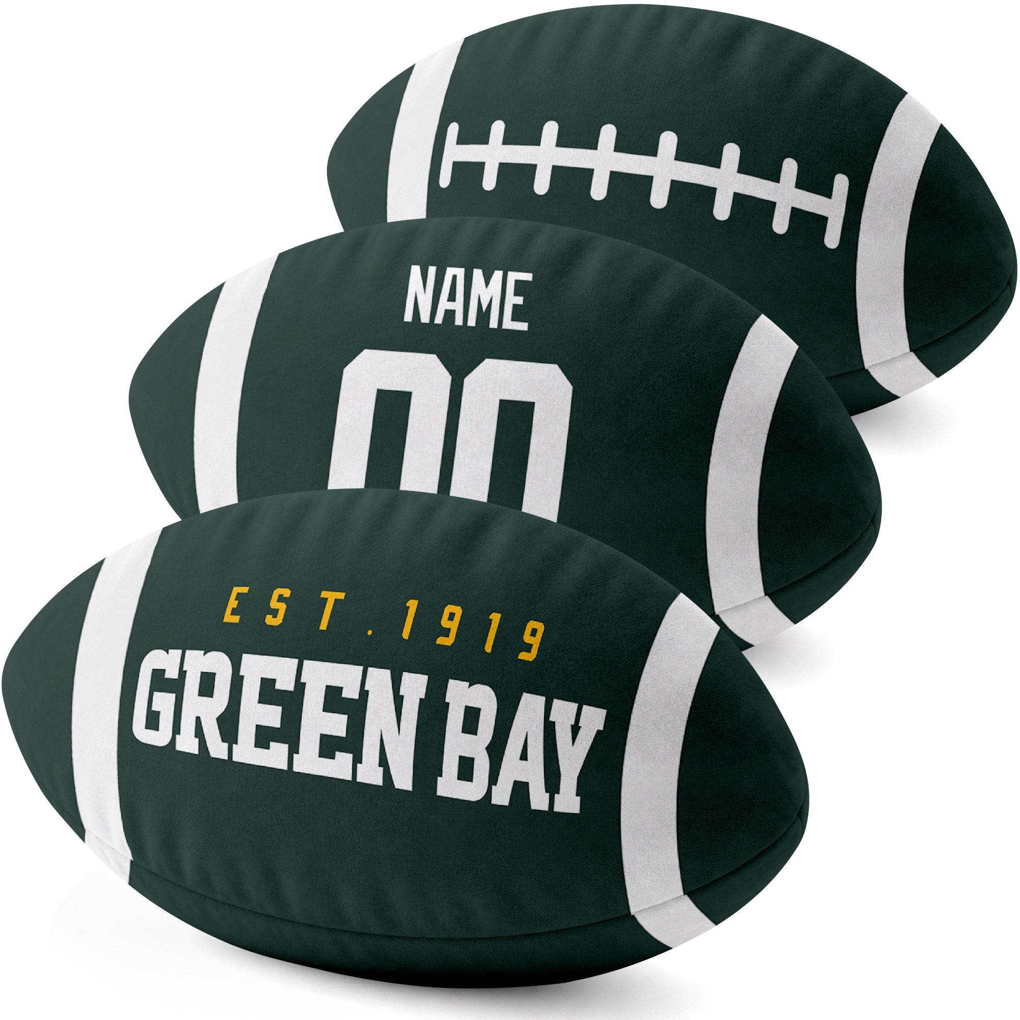 Green Bay personalized football shaped pillow three color angle display with city side custom name number side and lace detail
