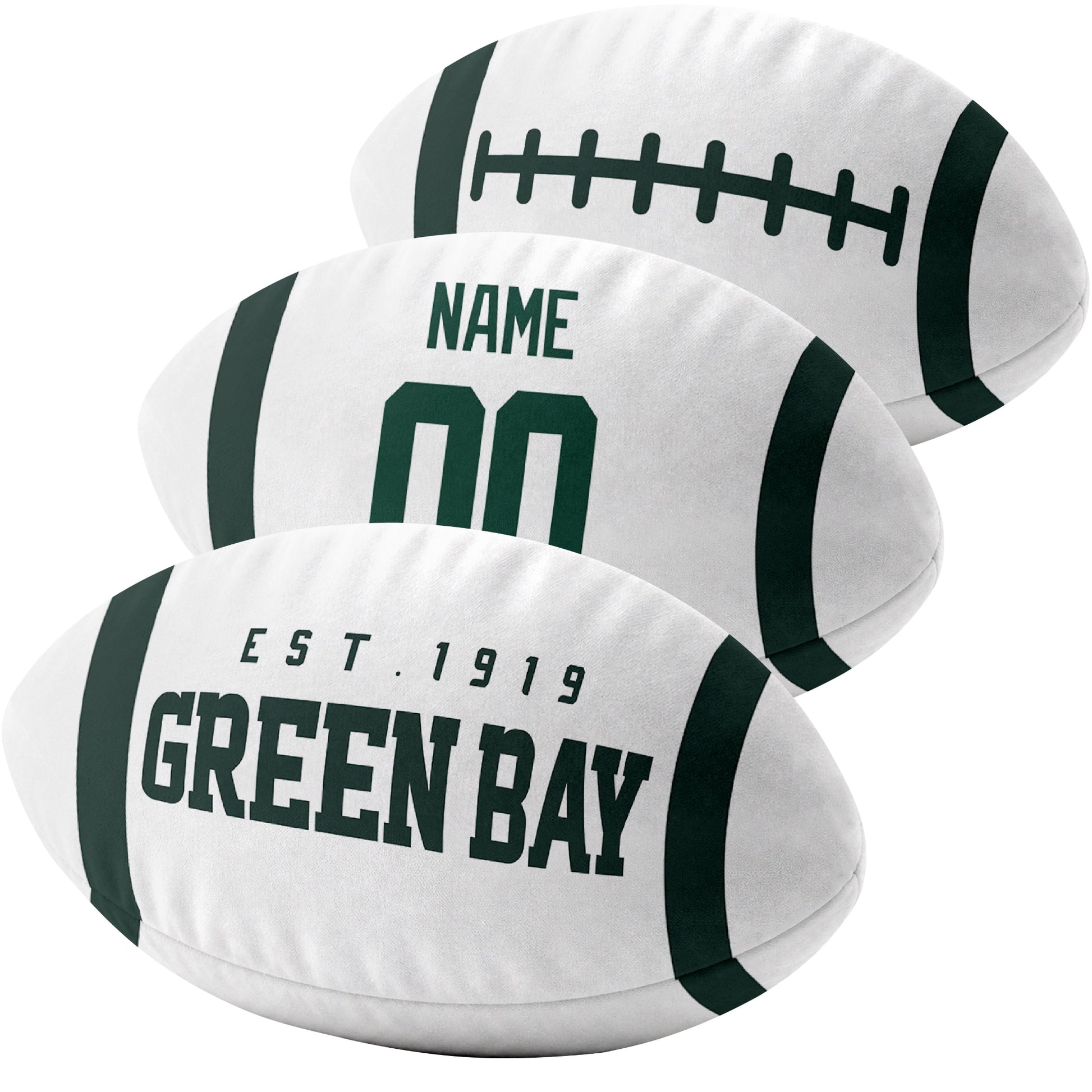 Green Bay custom football pillow multi angle comparison in Green, White and Gold