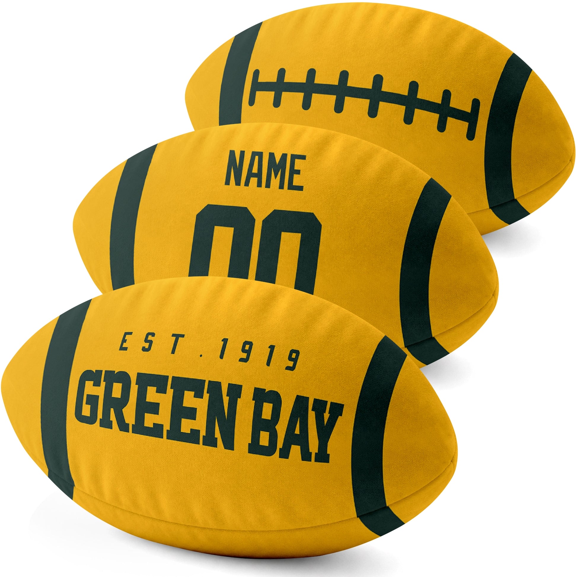 Green Bay personalized football pillow three color display highlighting the oval shape and contrasting end stripes