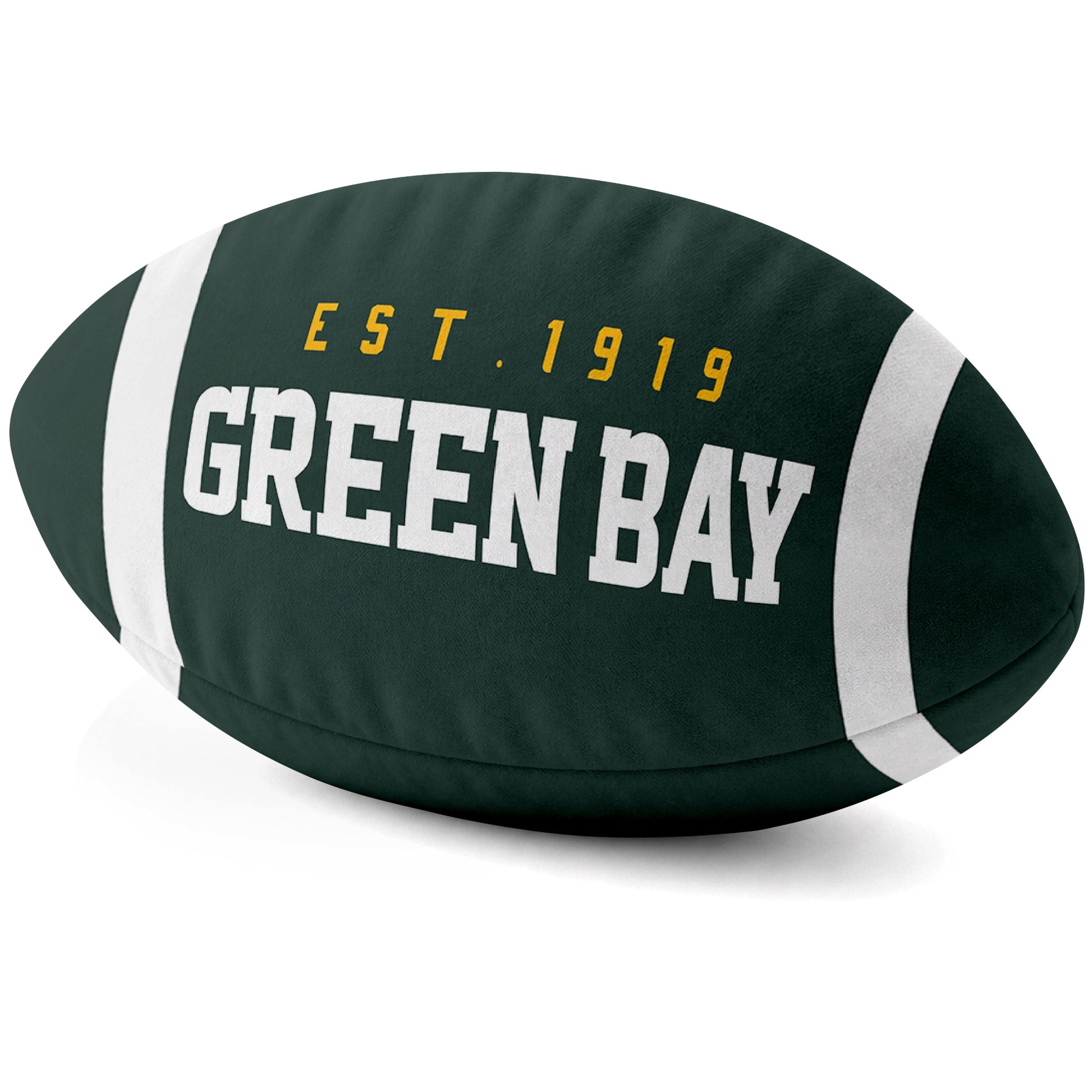 Green Bay Green football shaped pillow city lettering side view