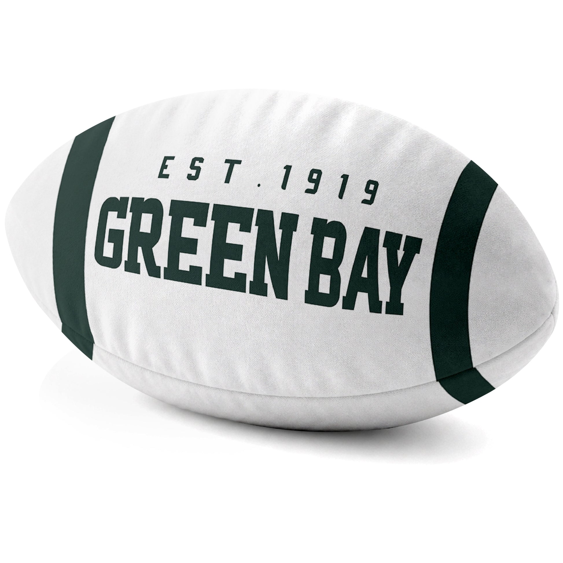 Green Bay White football shaped pillow city lettering side view