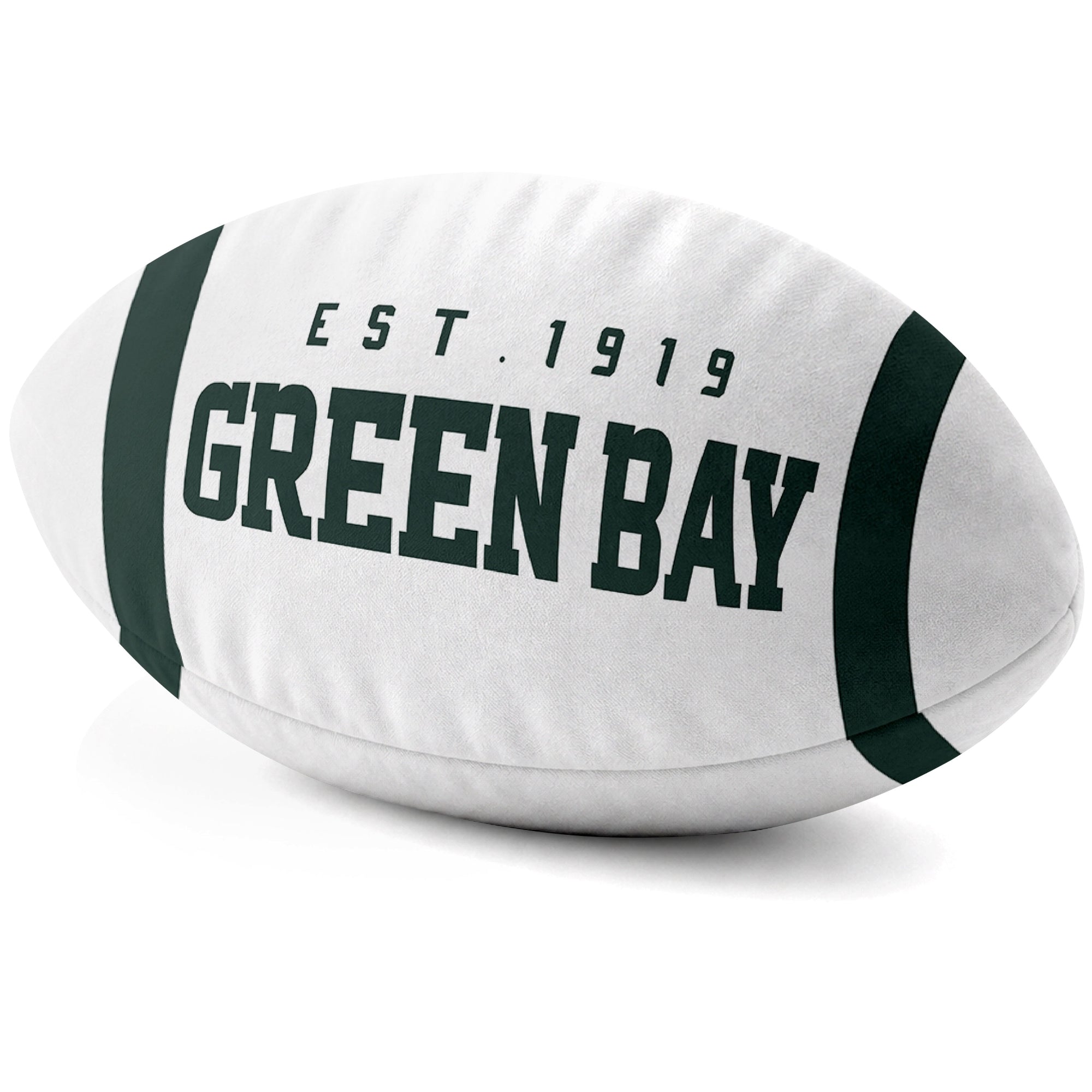 Green Bay White football shaped pillow city lettering side view
