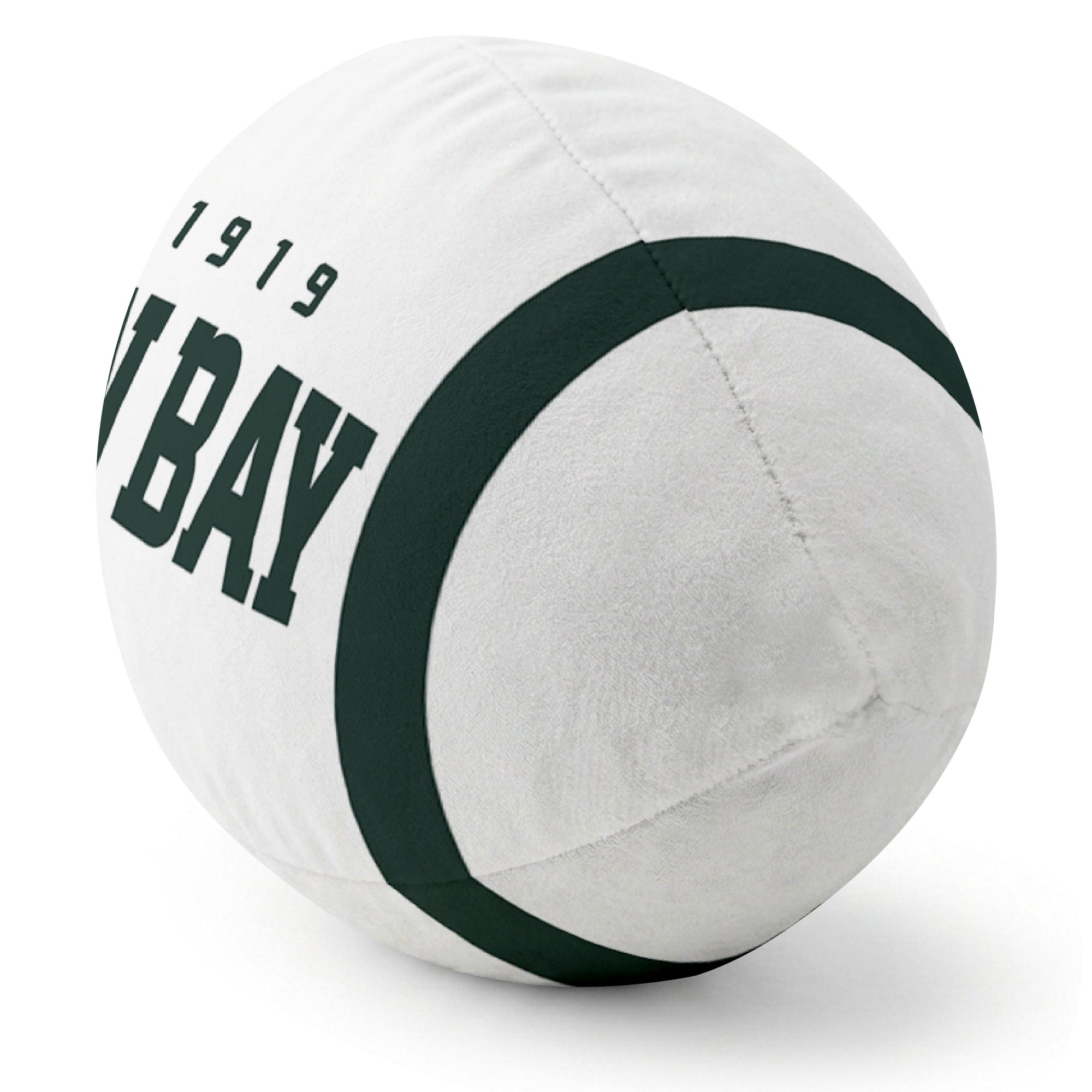 Green Bay White football pillow rounded end and seam angle view