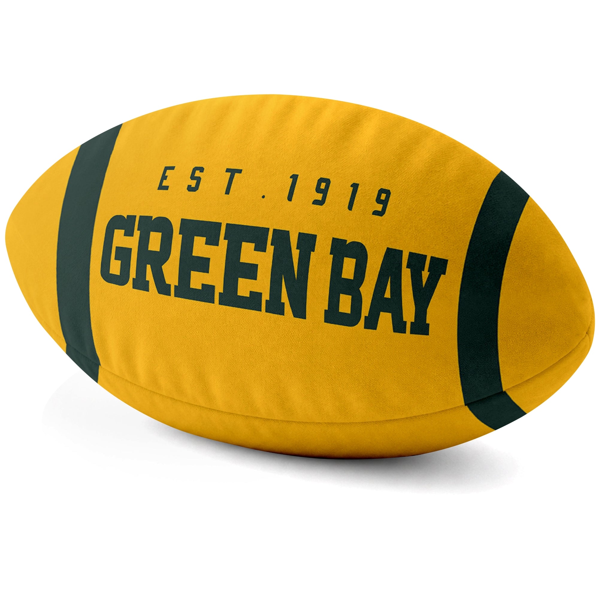 Green Bay Gold football shaped pillow city lettering side view