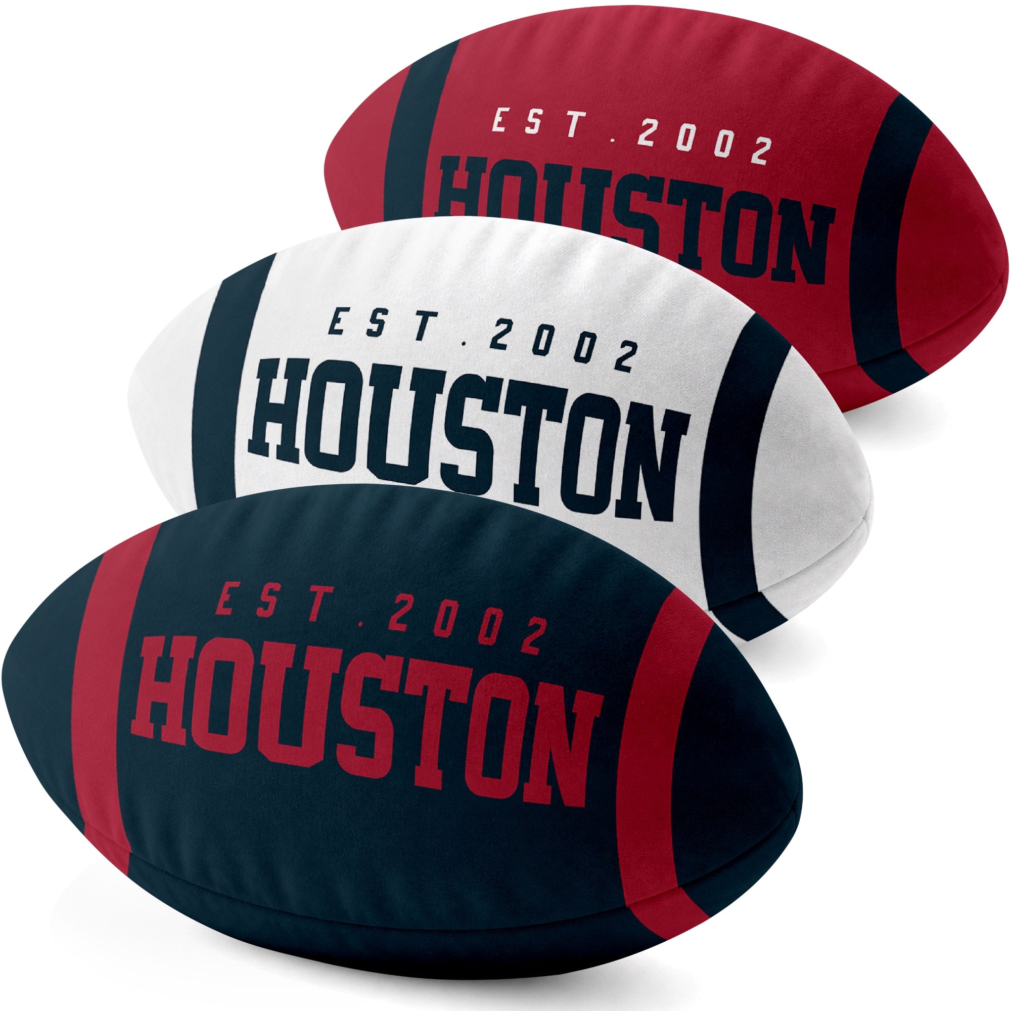 Houston personalized football shaped pillow collection in Navy, White and Red with city lettering