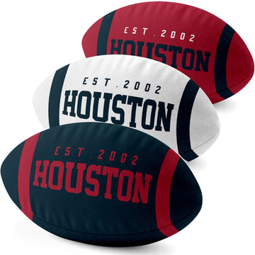 Houston personalized football shaped pillow collection in Navy, White and Red with city lettering