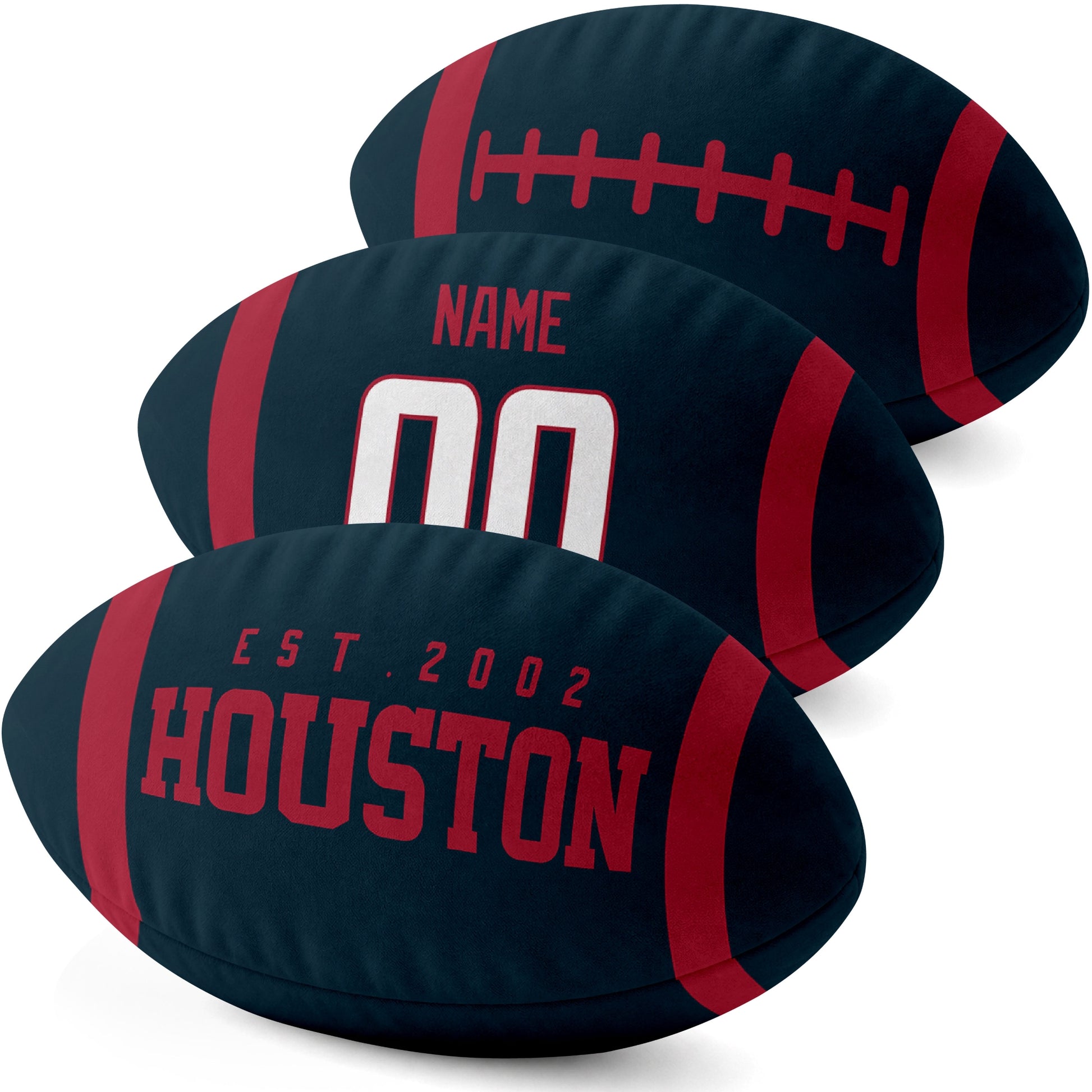 Houston personalized football shaped pillow three color angle display with city side custom name number side and lace detail