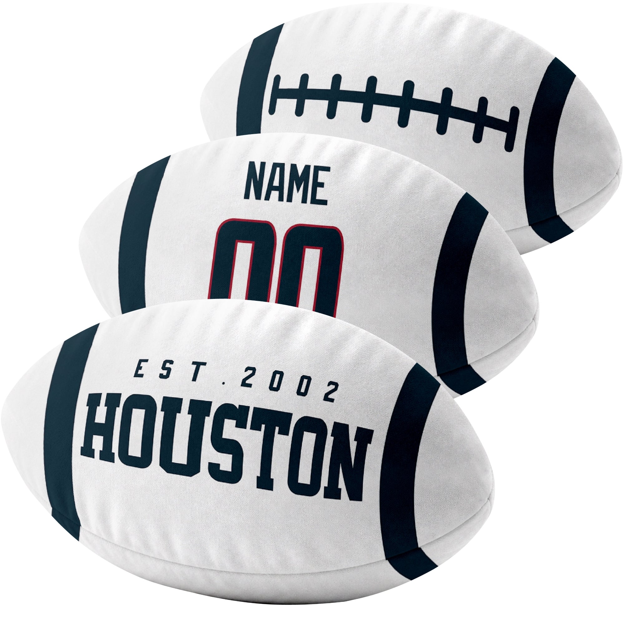 Houston custom football pillow multi angle comparison in Navy, White and Red