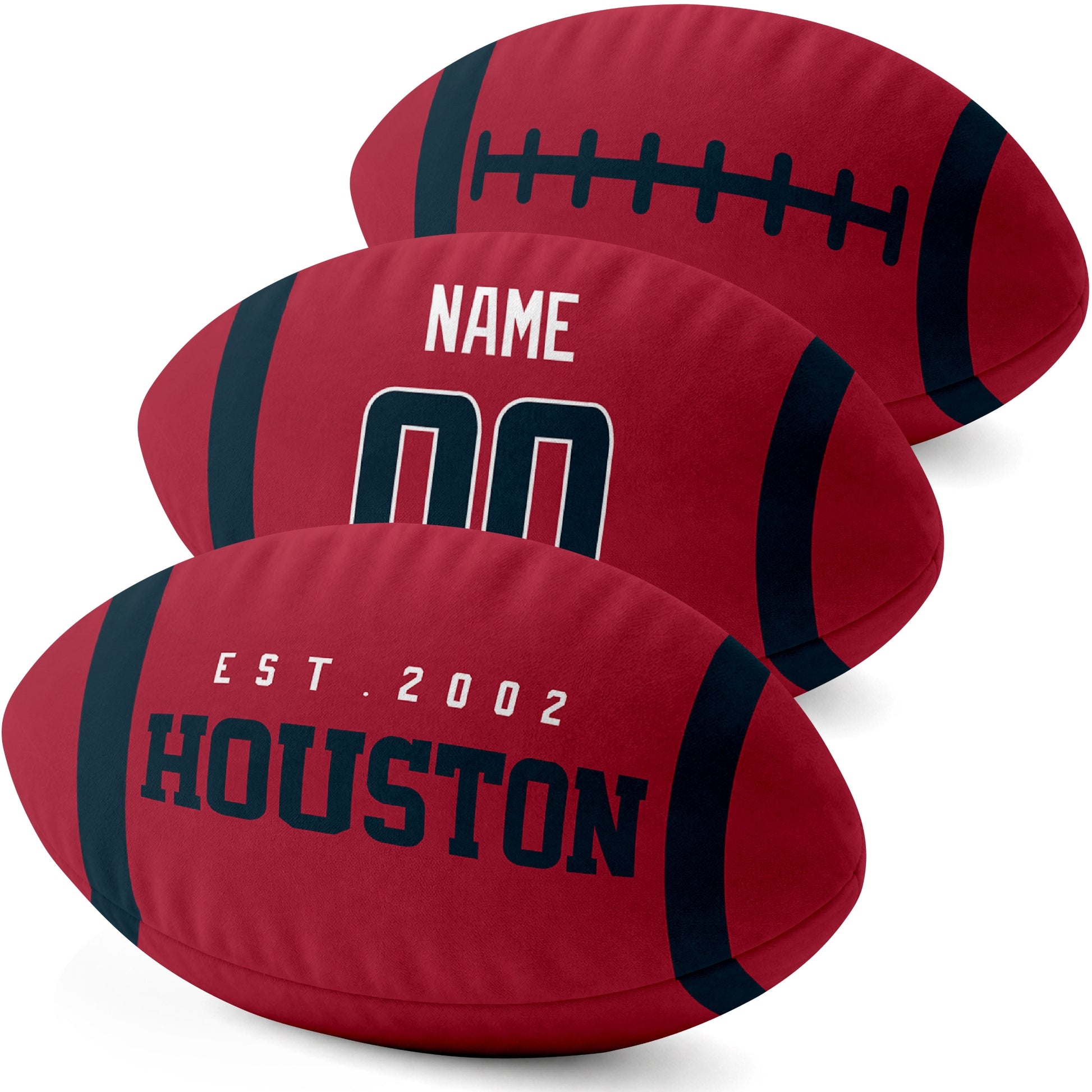 Houston personalized football pillow three color display highlighting the oval shape and contrasting end stripes