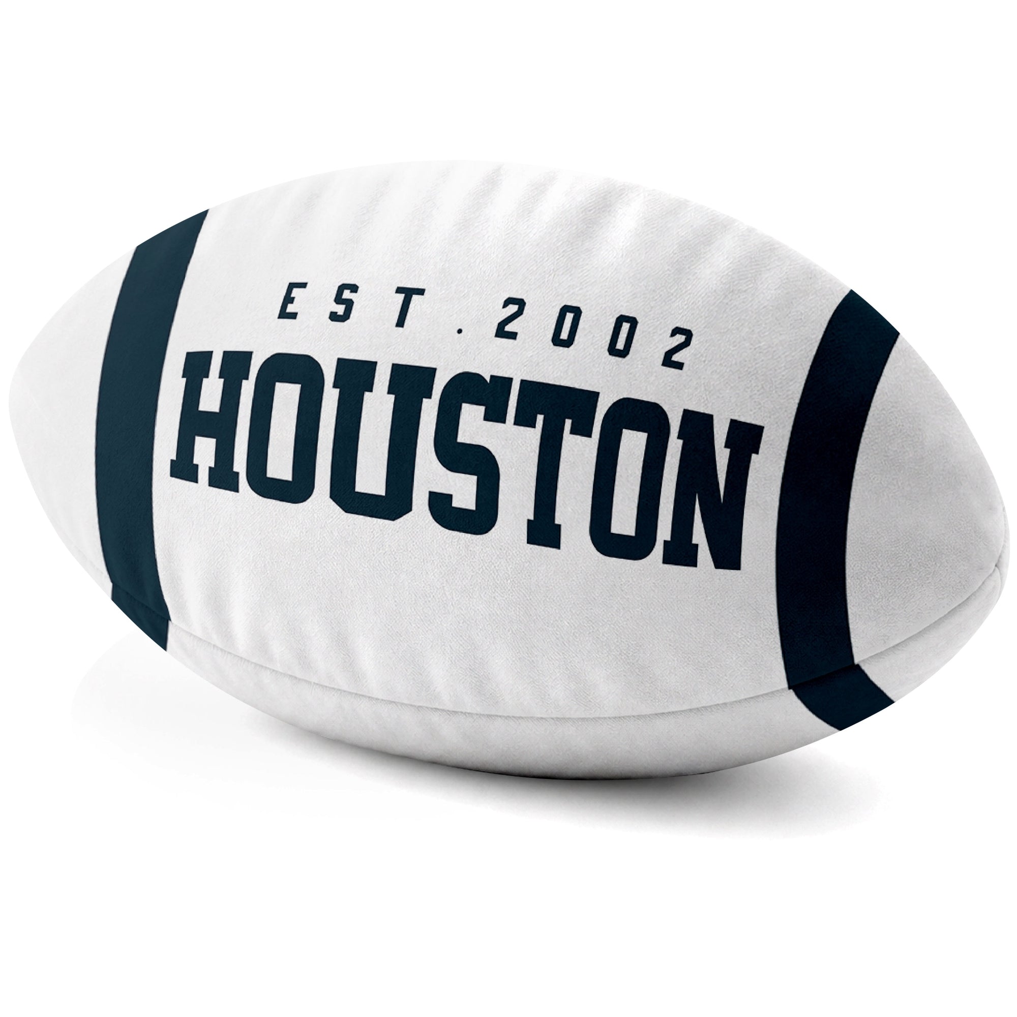Houston White football shaped pillow city lettering side view