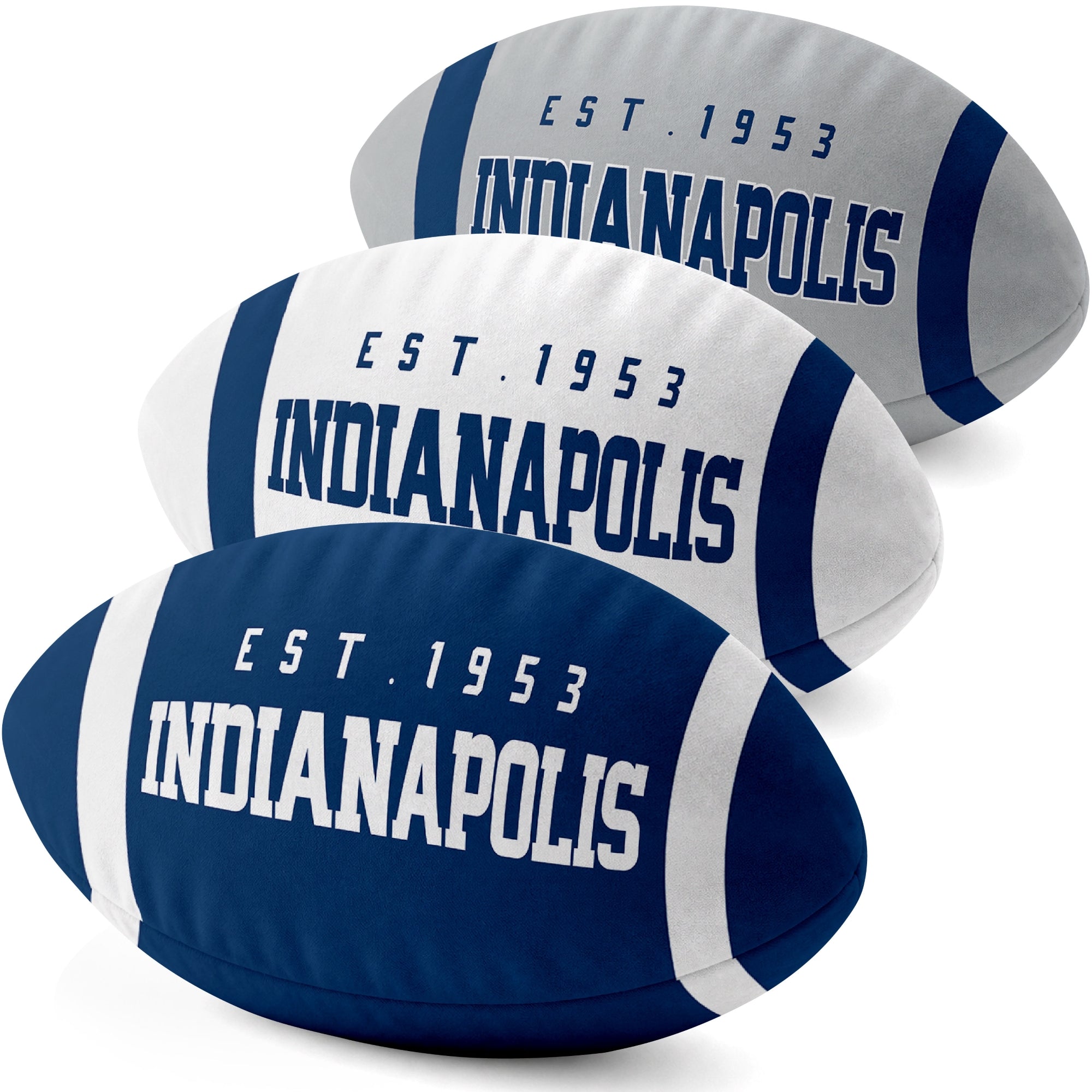 Indianapolis personalized football shaped pillow collection in Royal, White and Gray with city lettering